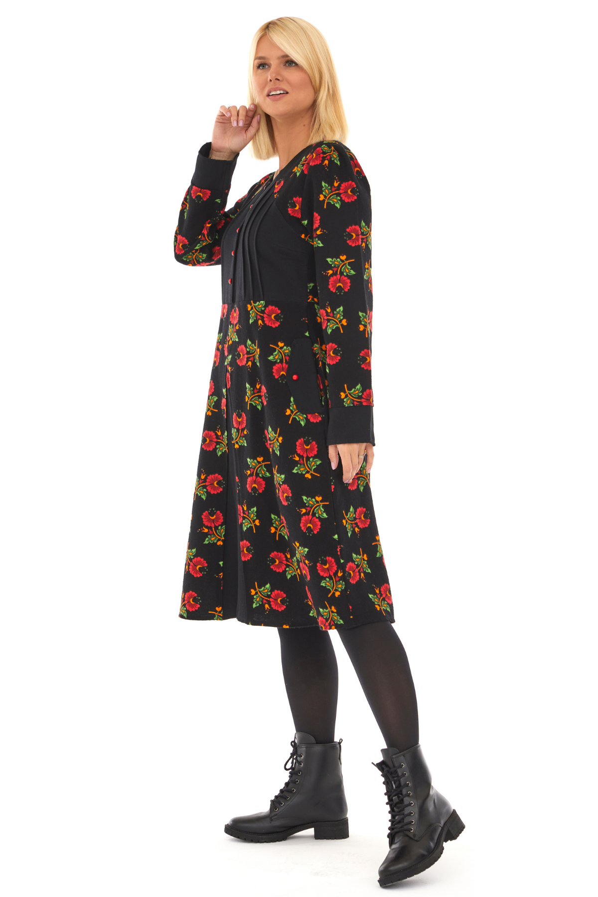 Pazen Siyah Çiçekli Sonbahar ve Kışlık Elbise