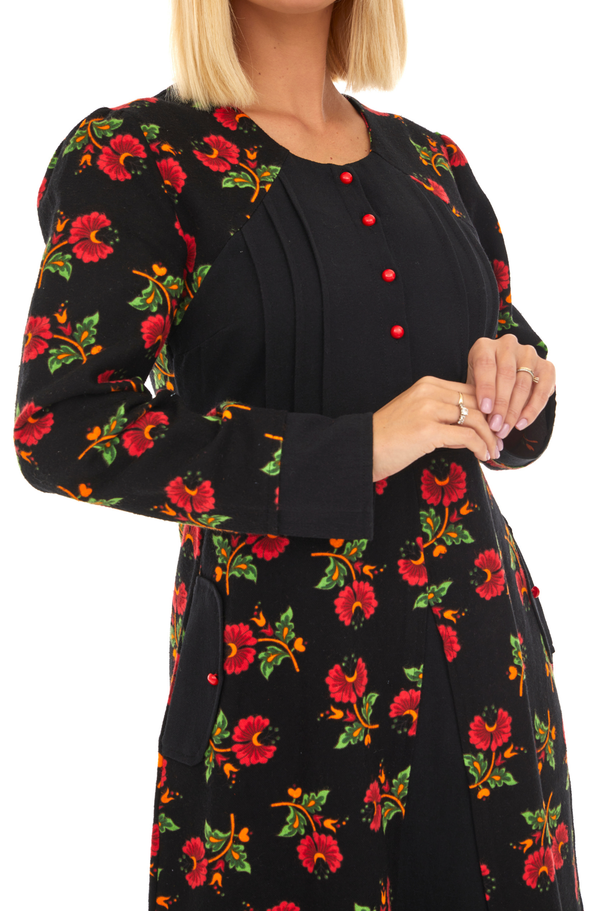 Pazen Siyah Çiçekli Sonbahar ve Kışlık Elbise