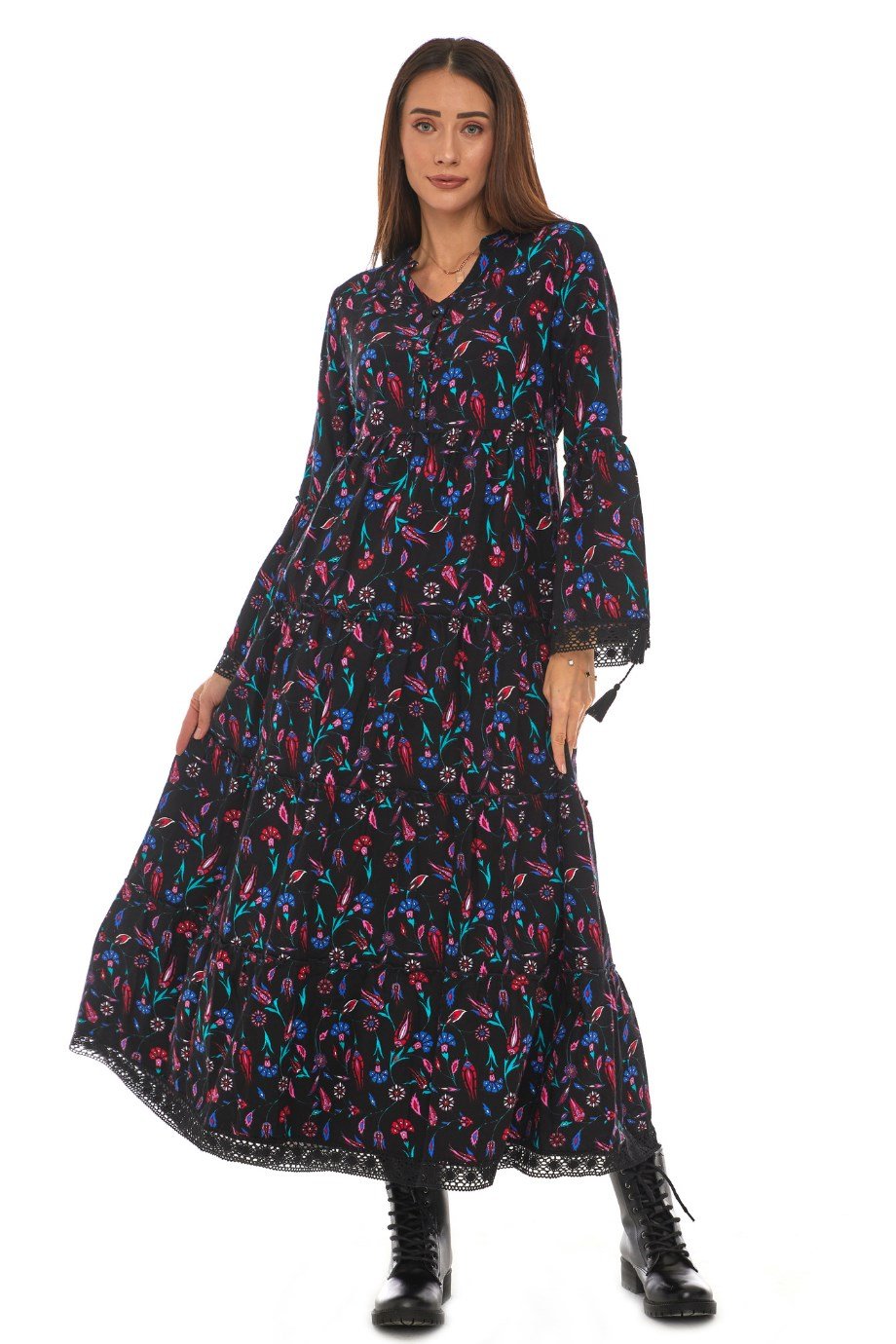 Pazen Siyah Dantelli Çini Desen Uzun Elbise