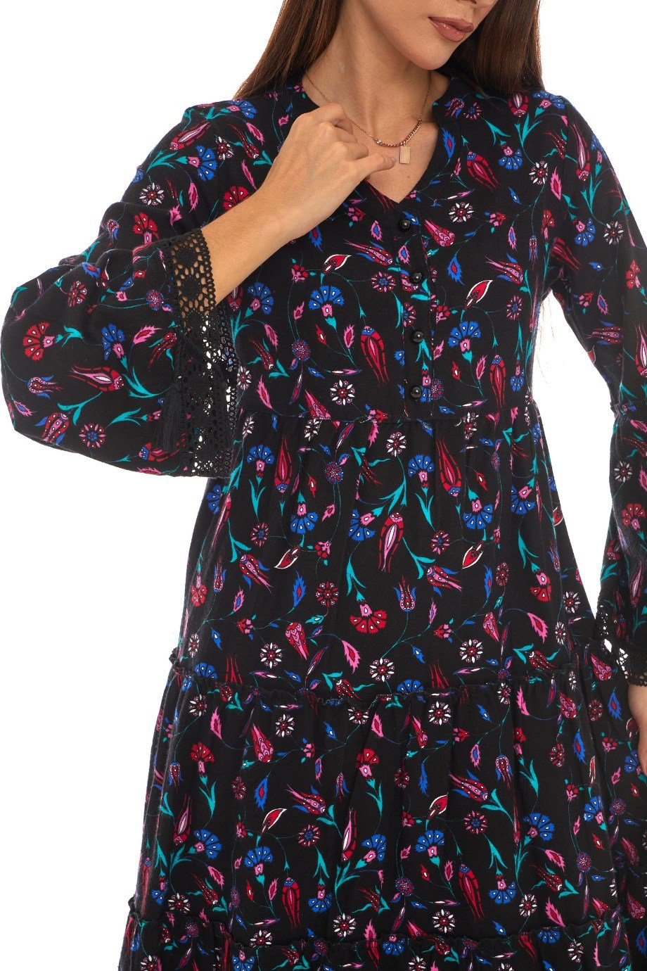 Pazen Siyah Dantelli Çini Desen Uzun Elbise