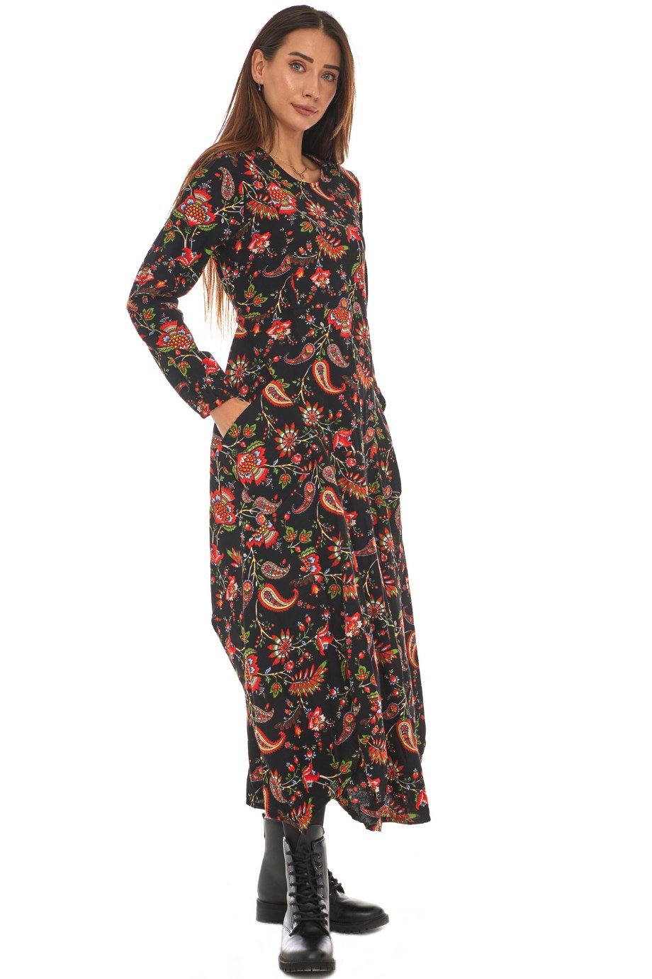 Pazen Siyah Desenli Uzun Elbise