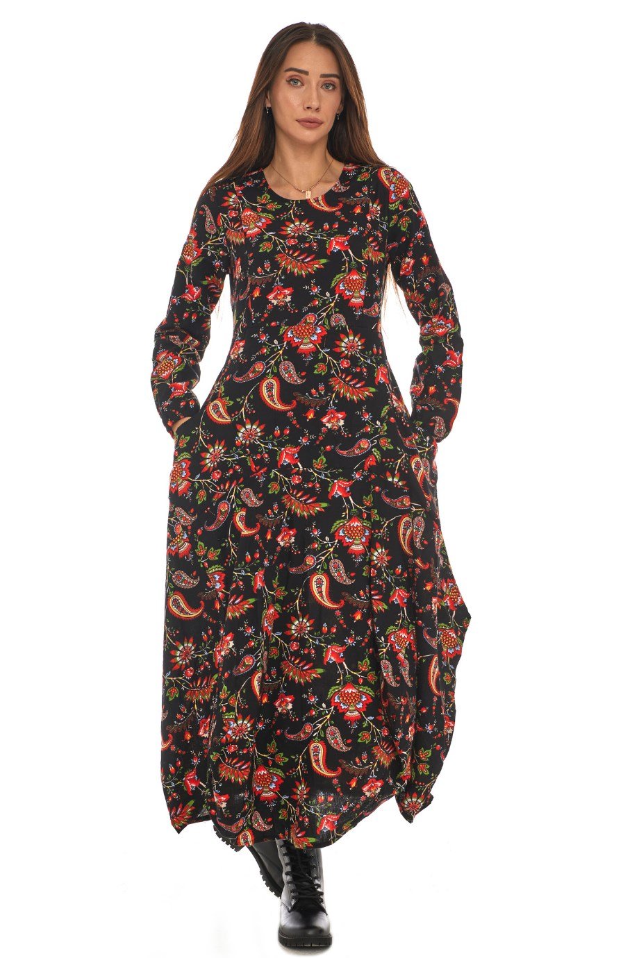 Pazen Siyah Desenli Uzun Elbise