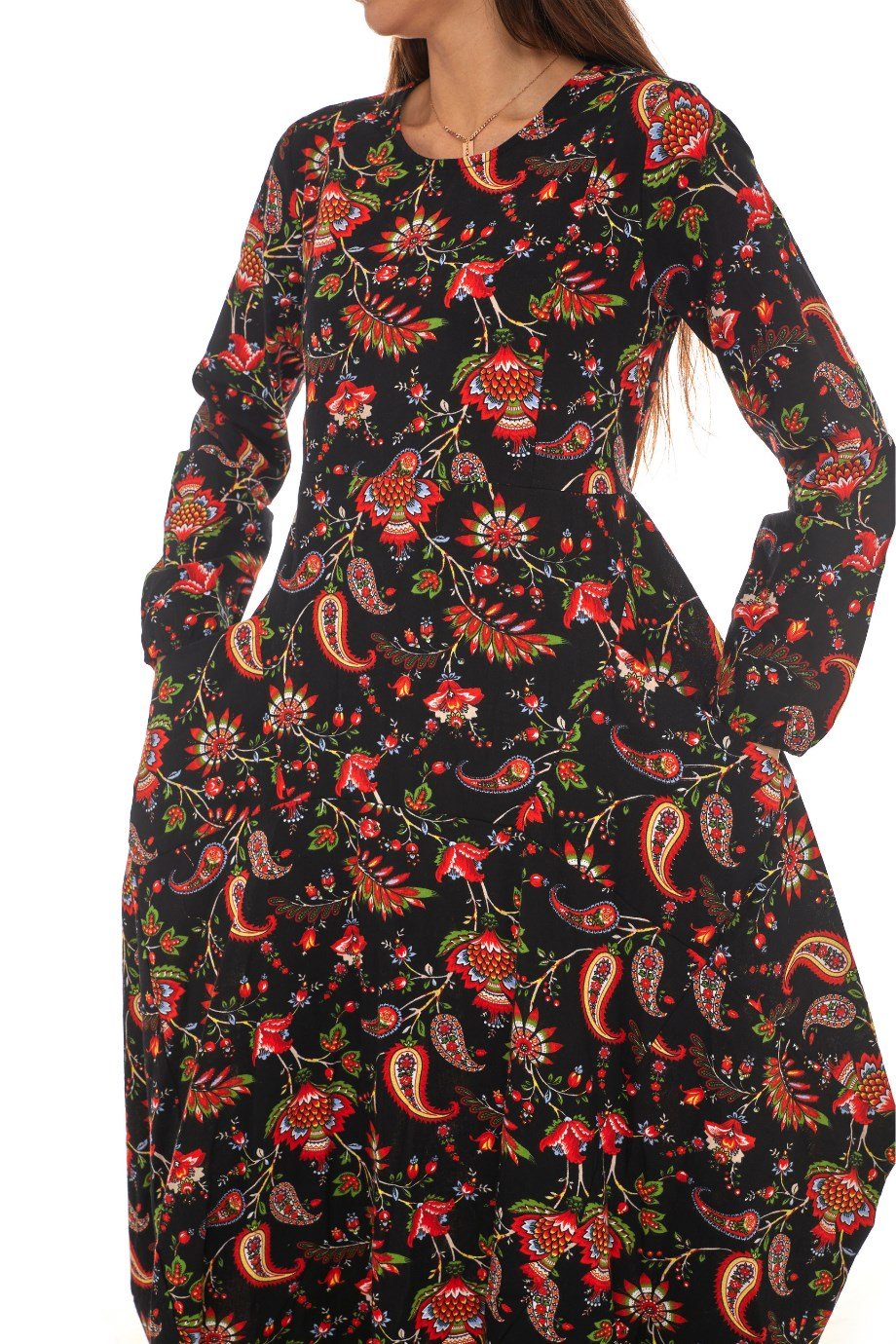 Pazen Siyah Desenli Uzun Elbise