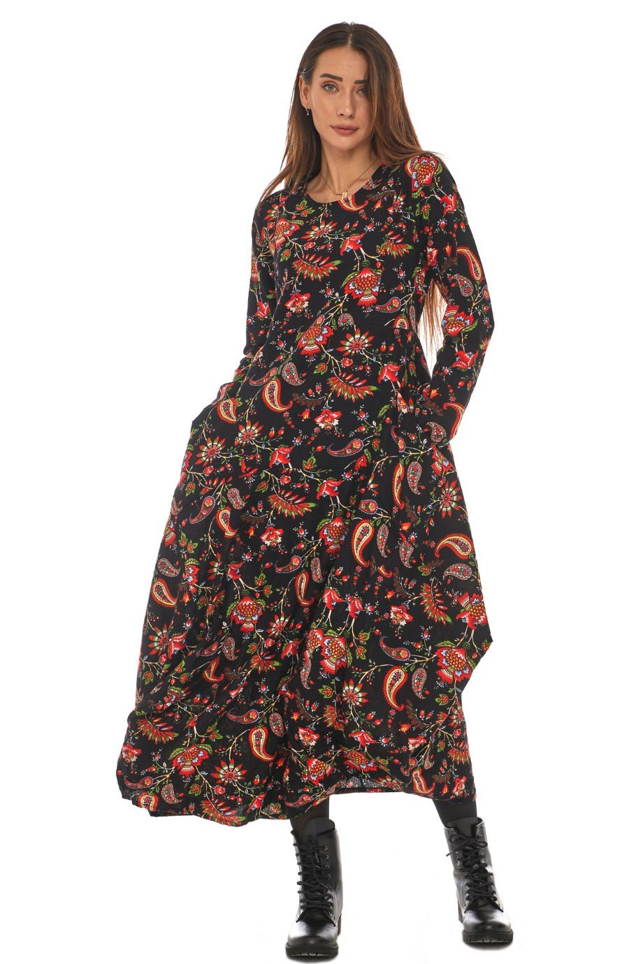 Pazen Siyah Desenli Uzun Elbise