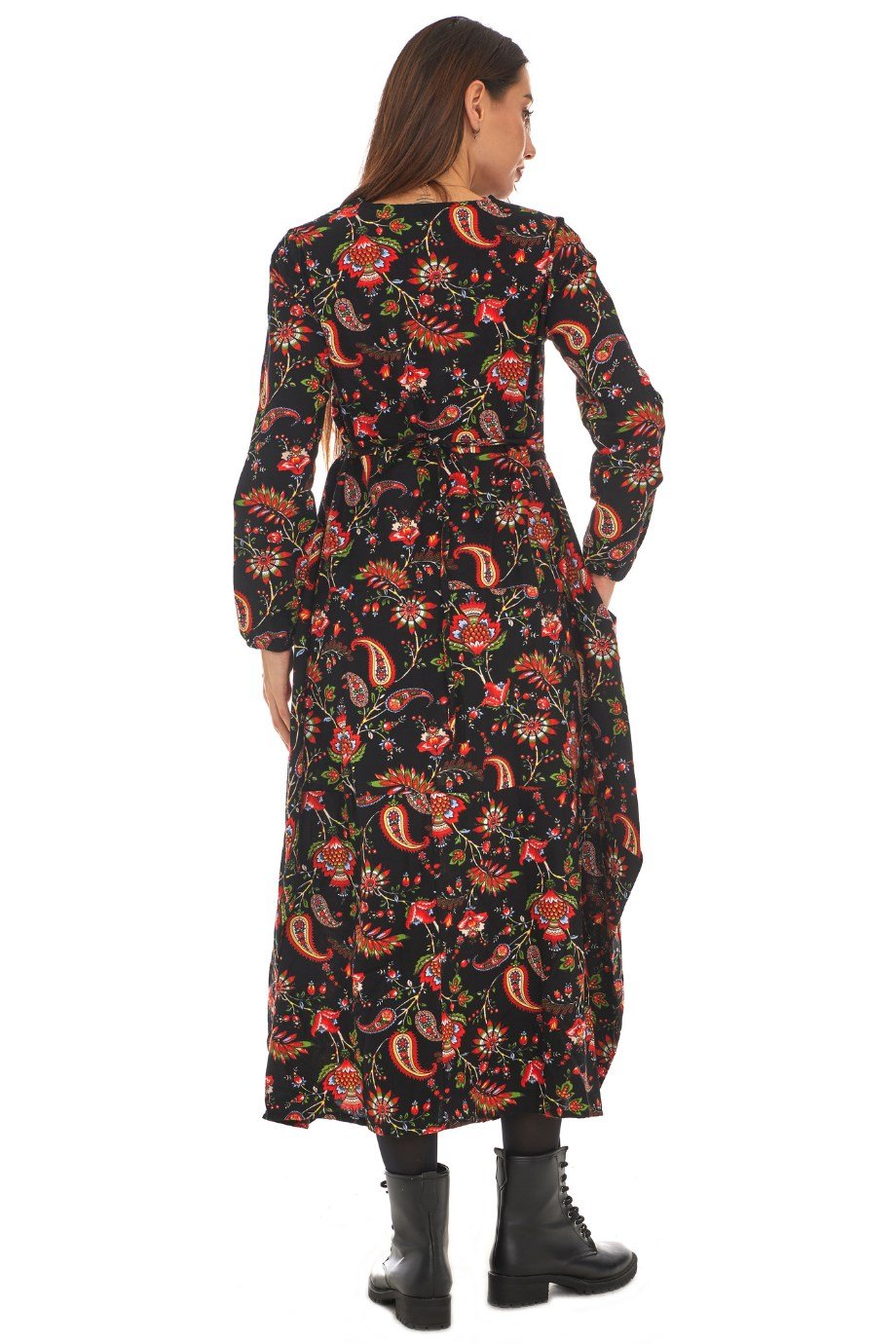 Pazen Siyah Desenli Uzun Elbise