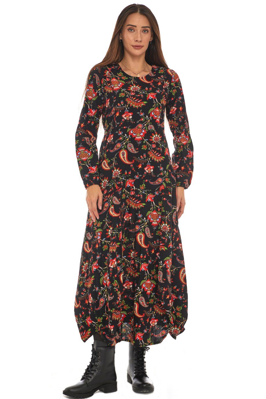 Pazen Siyah Desenli Uzun Elbise