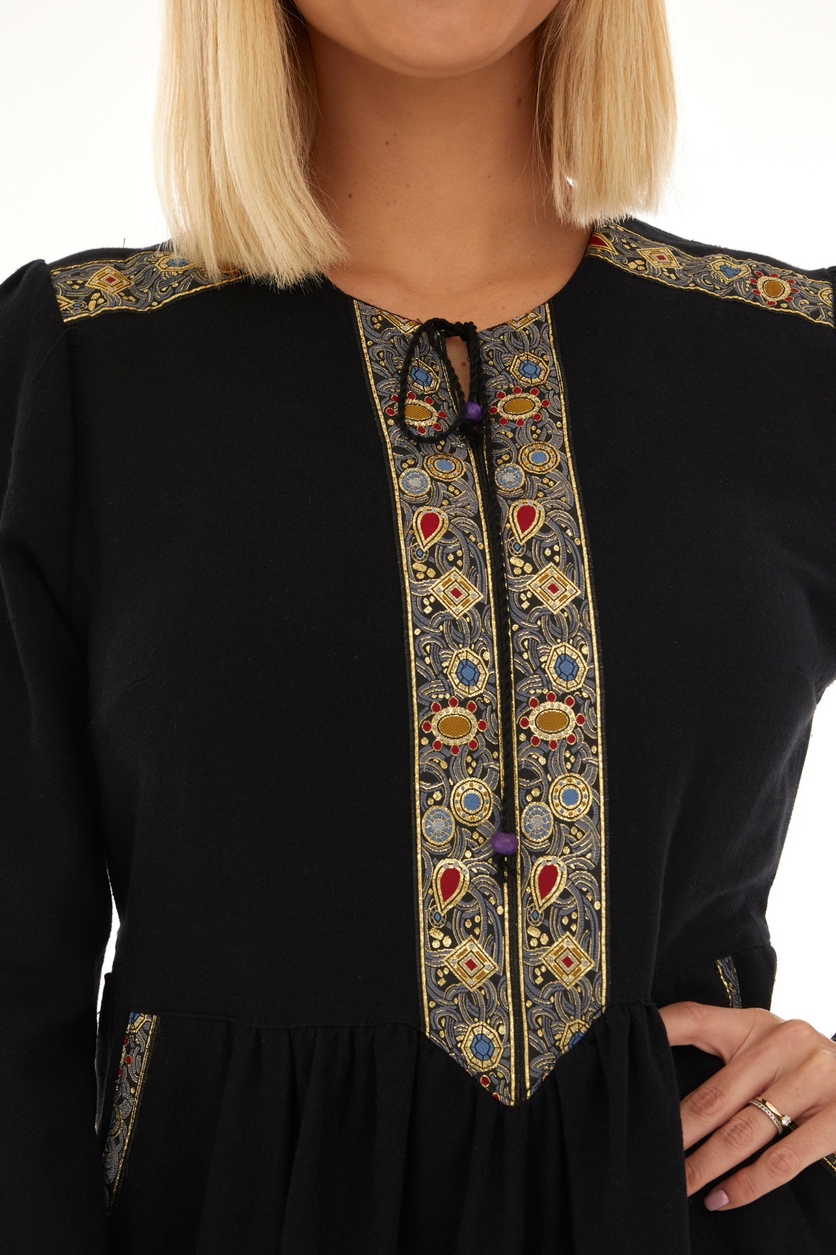 Pazen Siyah işleme Detaylı Midi Sonbahar Kış Elbise