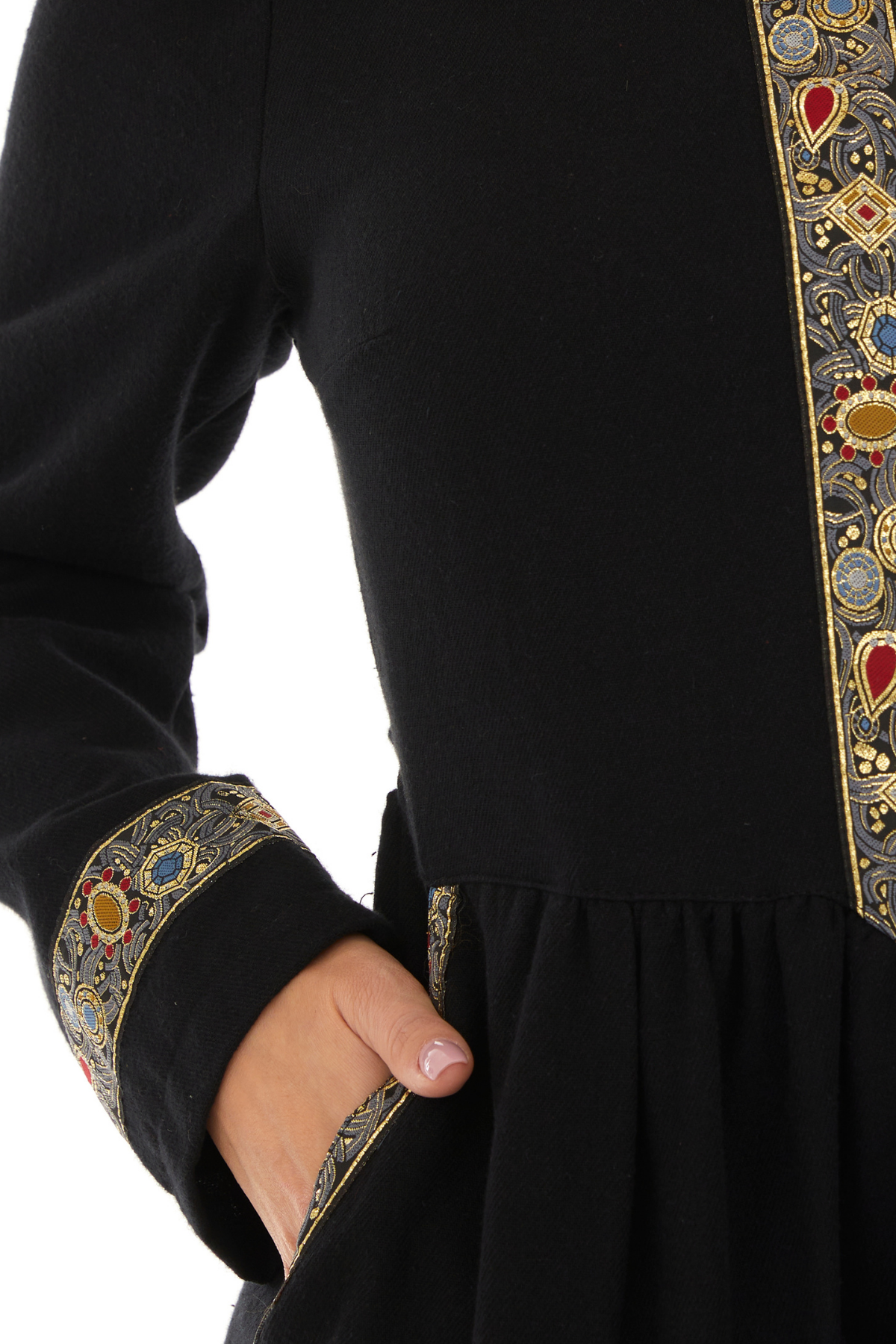 Pazen Siyah işleme Detaylı Midi Sonbahar Kış Elbise