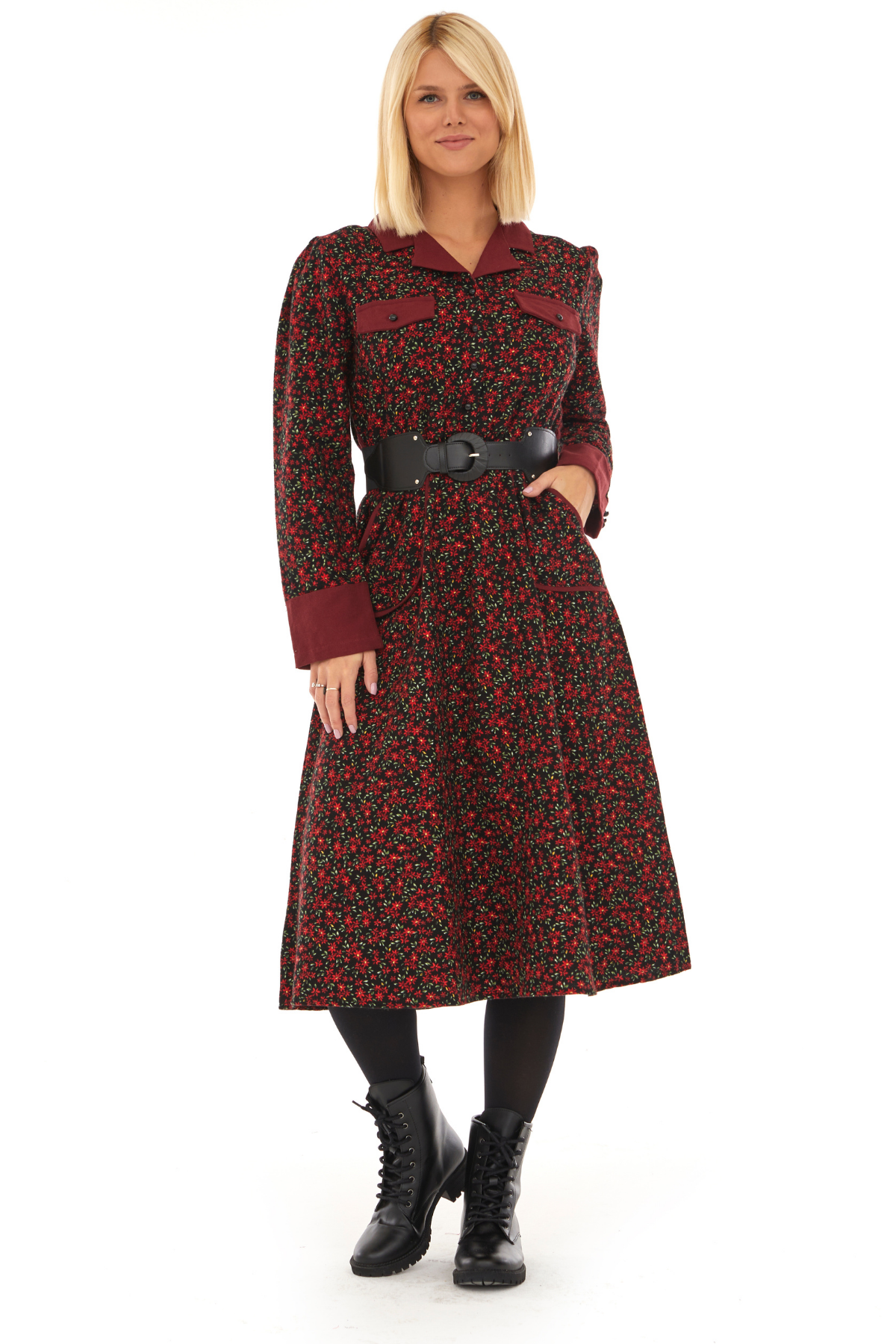 Pazen Siyah Kemerli  Sonbahar Kış Elbise