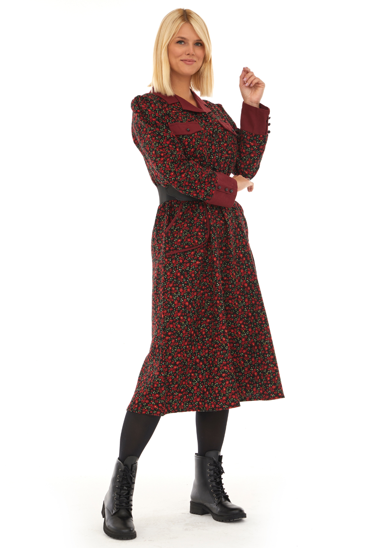 Pazen Siyah Kemerli  Sonbahar Kış Elbise