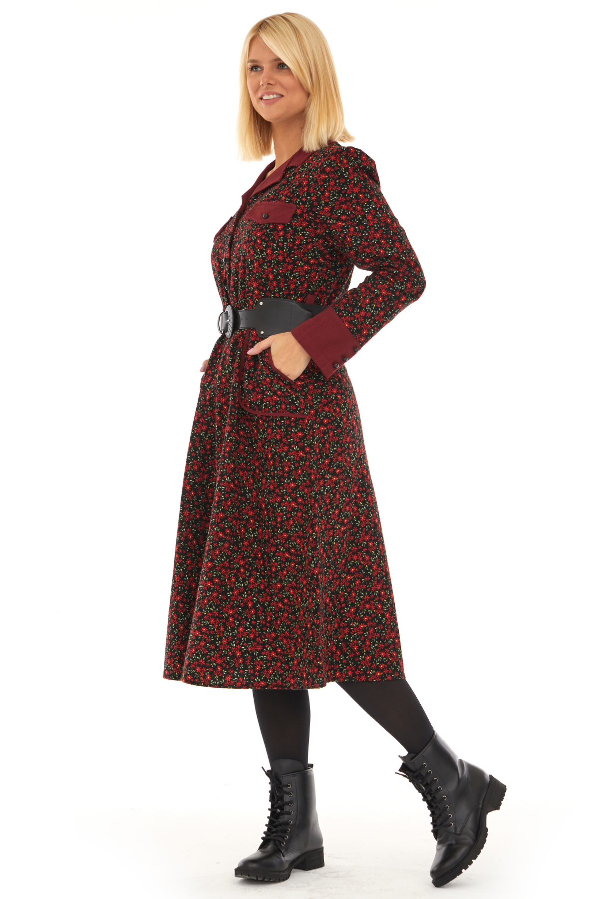 Pazen Siyah Kemerli  Sonbahar Kış Elbise