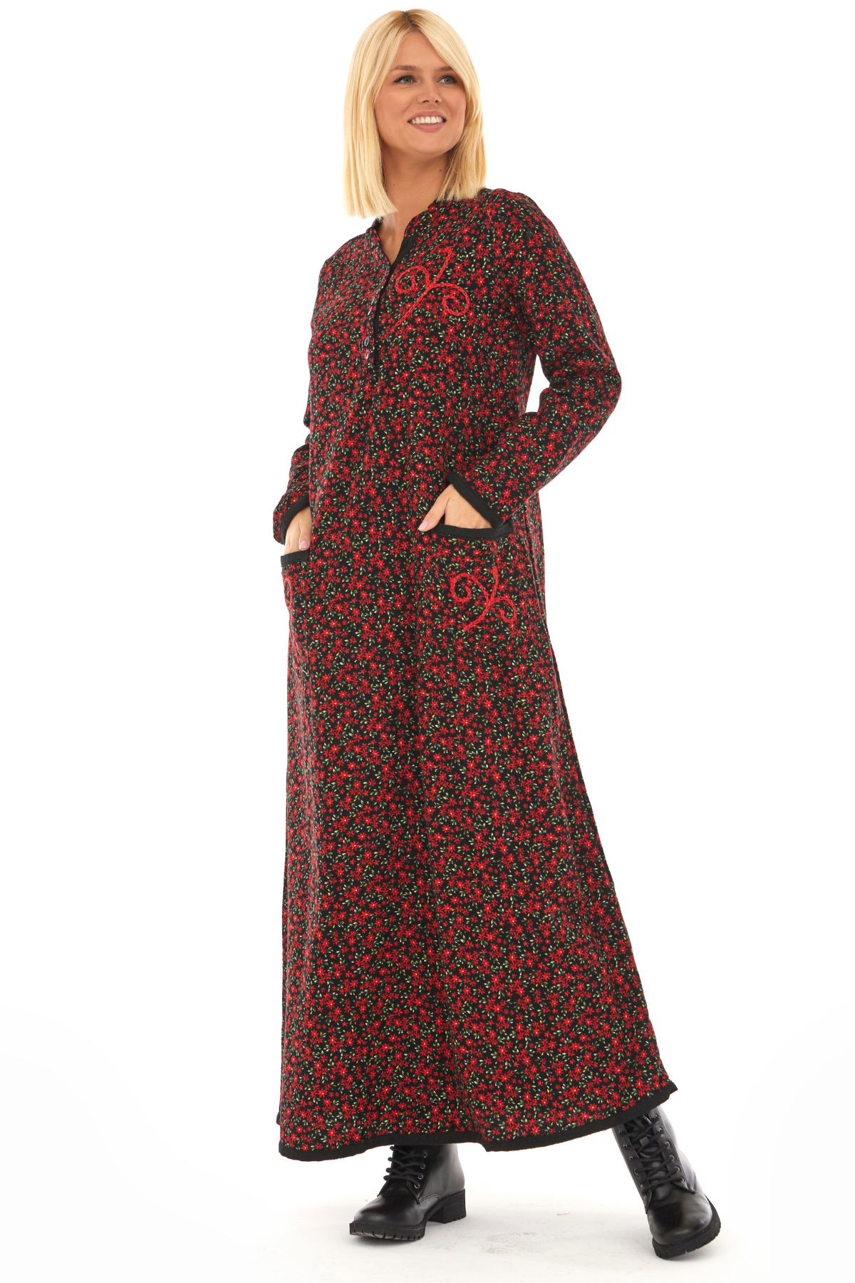 Pazen Siyah Yıldız Nakışlı Uzun Sonbahar ve Kışlık Elbise