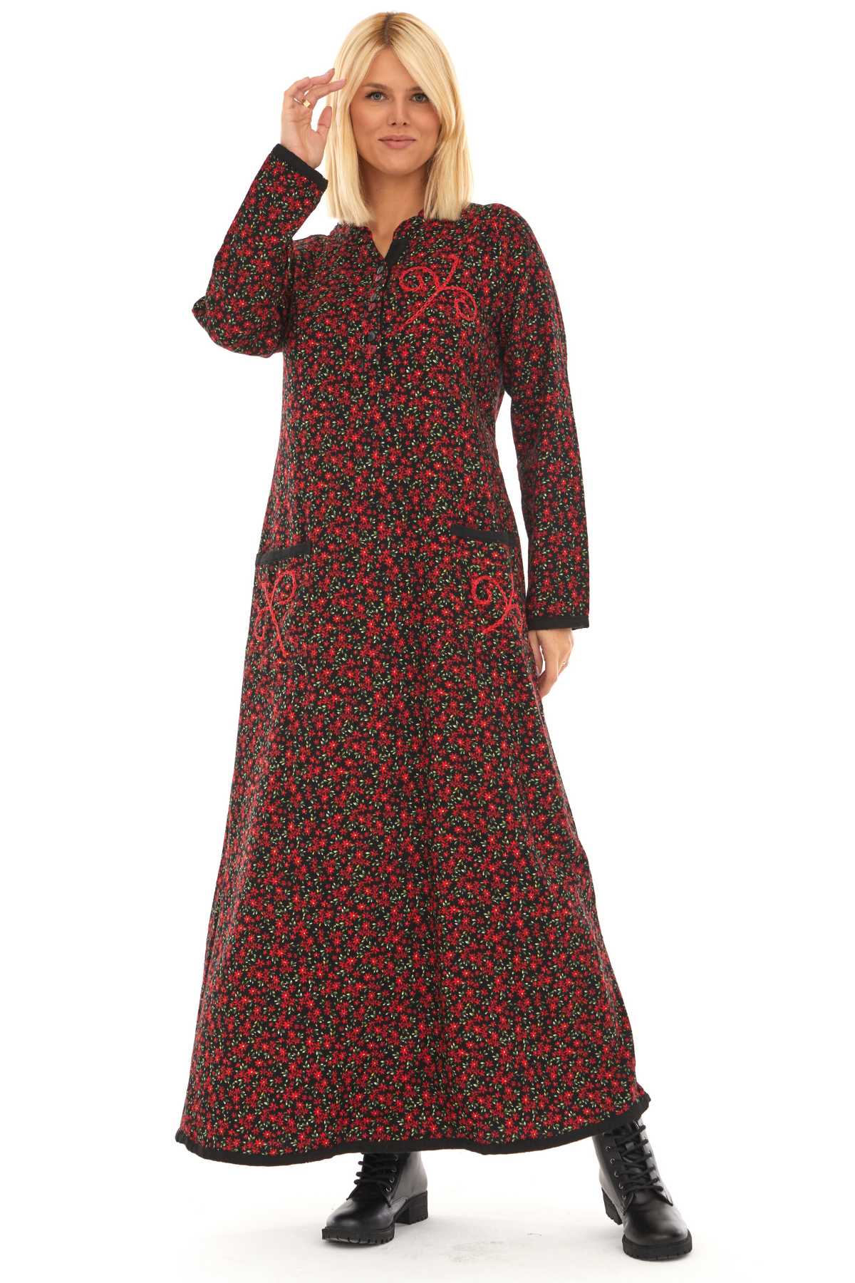 Pazen Siyah Yıldız Nakışlı Uzun Sonbahar ve Kışlık Elbise