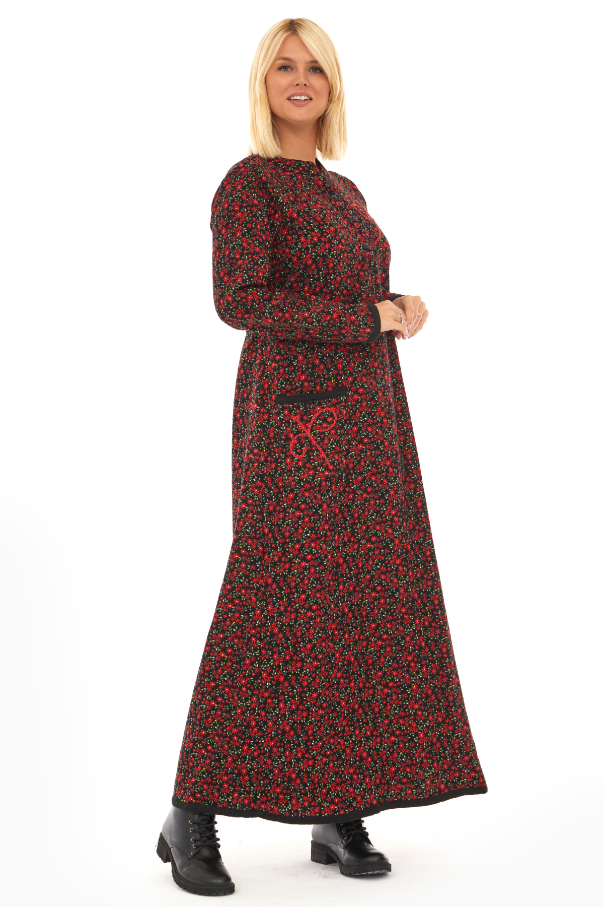 Pazen Siyah Yıldız Nakışlı Uzun Sonbahar ve Kışlık Elbise