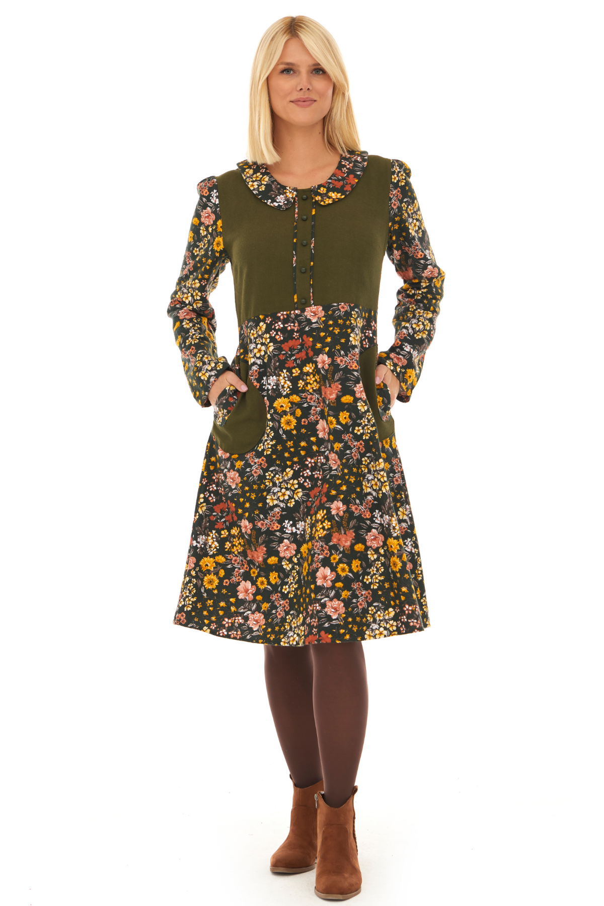 Pazen Yeşil Bahar Desen Çiçekli Midi Sonbahar Kış Elbise