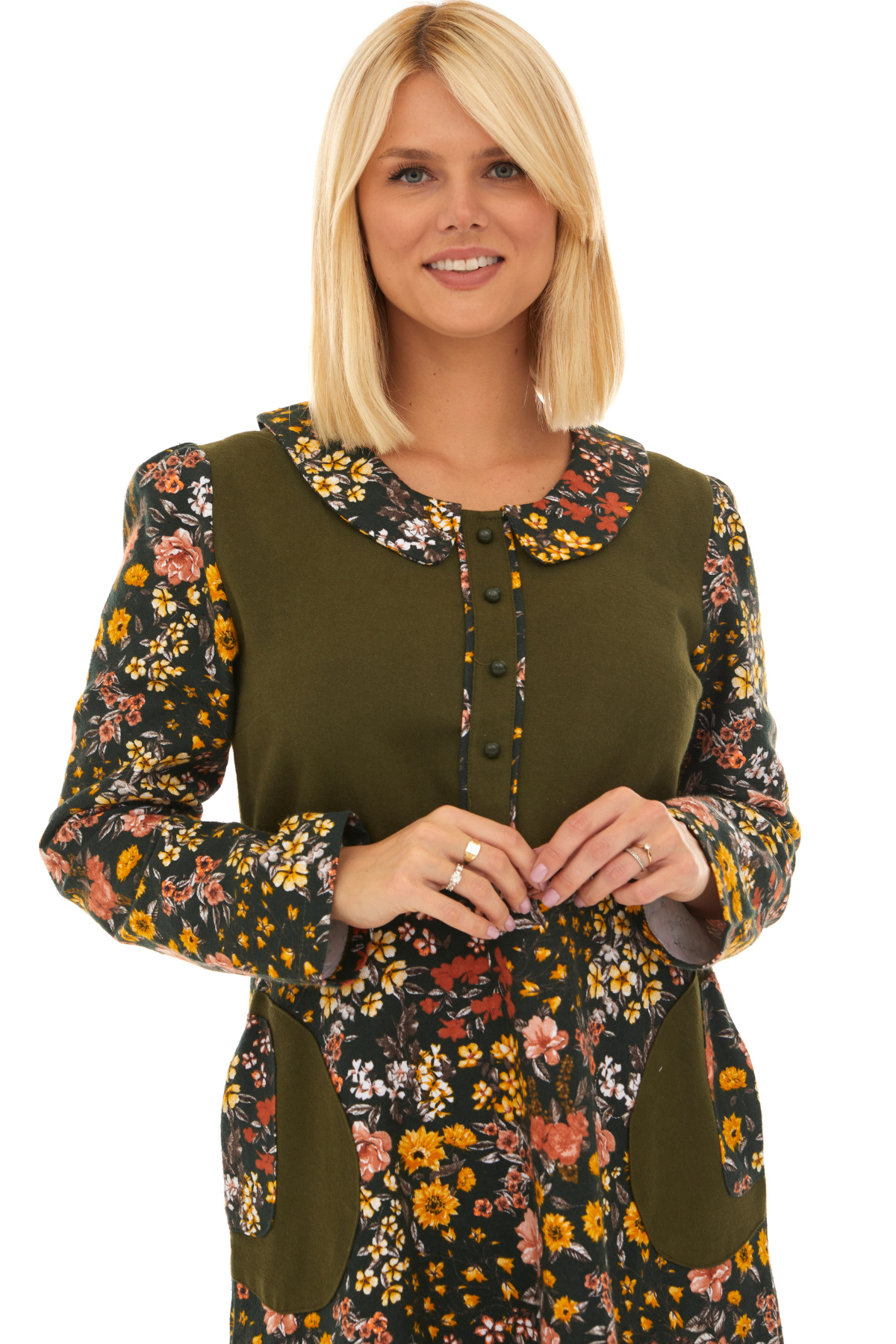 Pazen Yeşil Bahar Desen Çiçekli Midi Sonbahar Kış Elbise