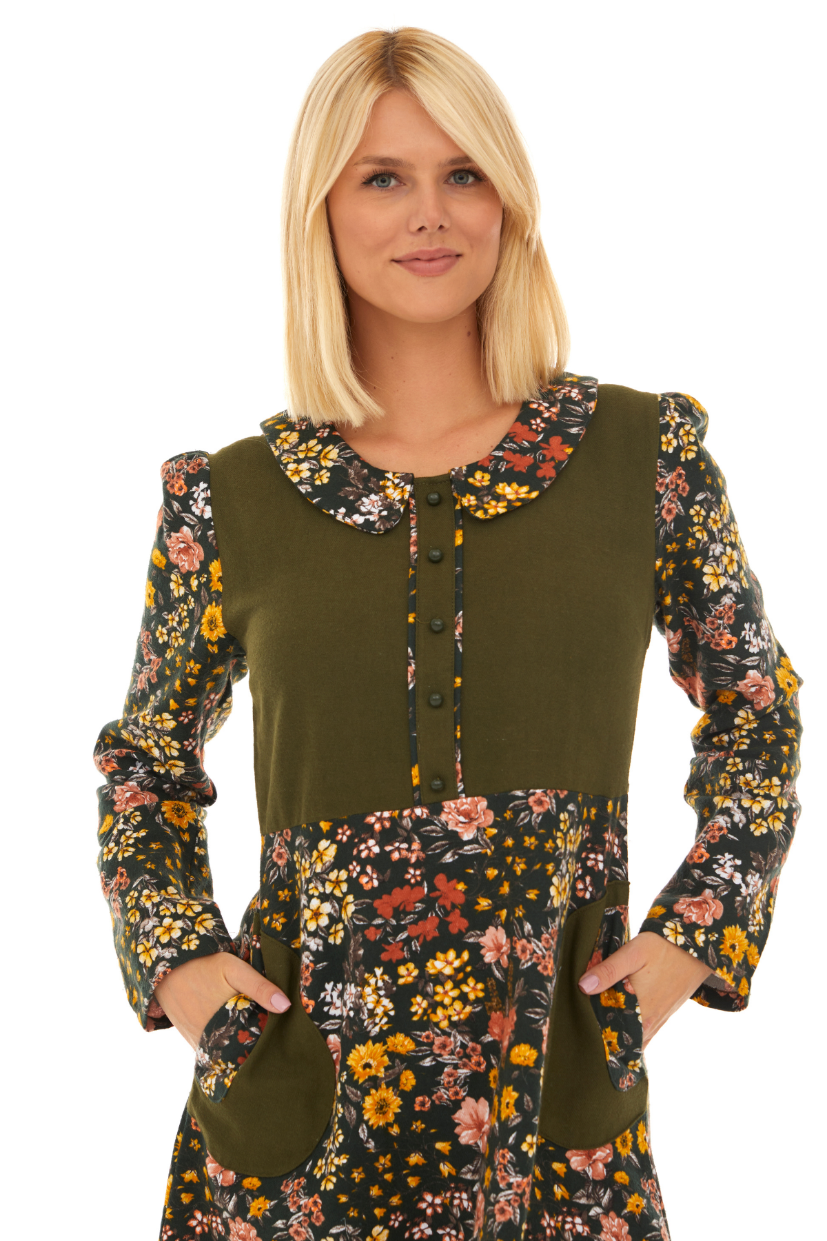 Pazen Yeşil Bahar Desen Çiçekli Midi Sonbahar Kış Elbise