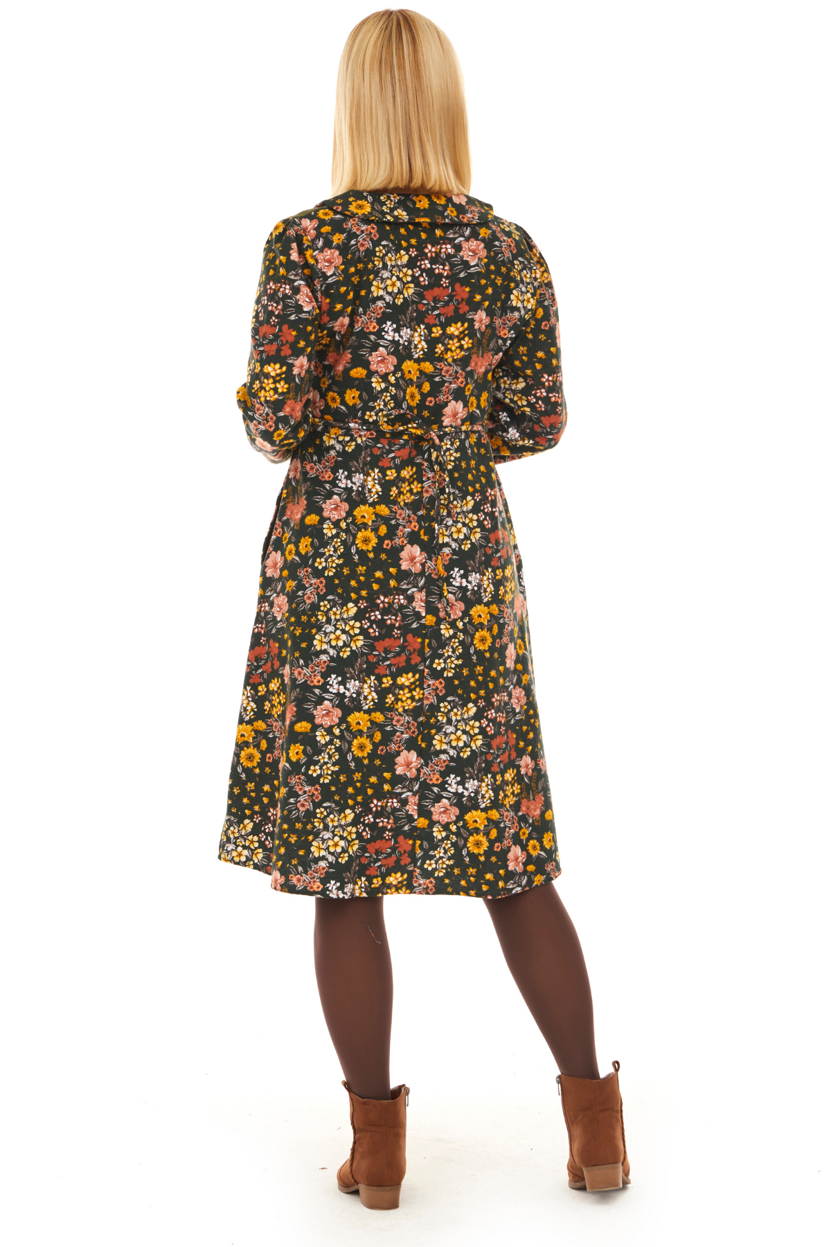 Pazen Yeşil Bahar Desen Çiçekli Midi Sonbahar Kış Elbise