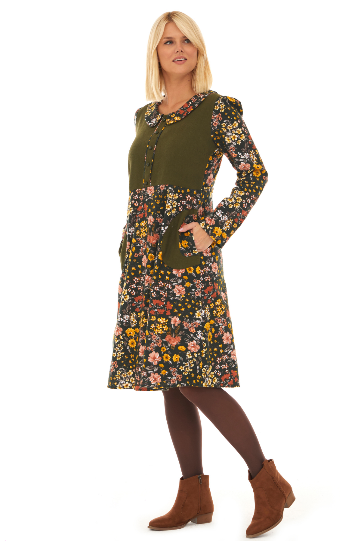 Pazen Yeşil Bahar Desen Çiçekli Midi Sonbahar Kış Elbise