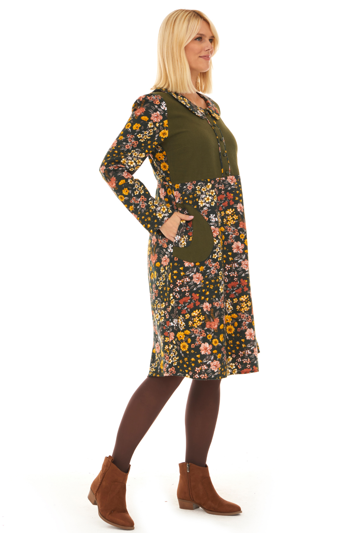 Pazen Yeşil Bahar Desen Çiçekli Midi Sonbahar Kış Elbise