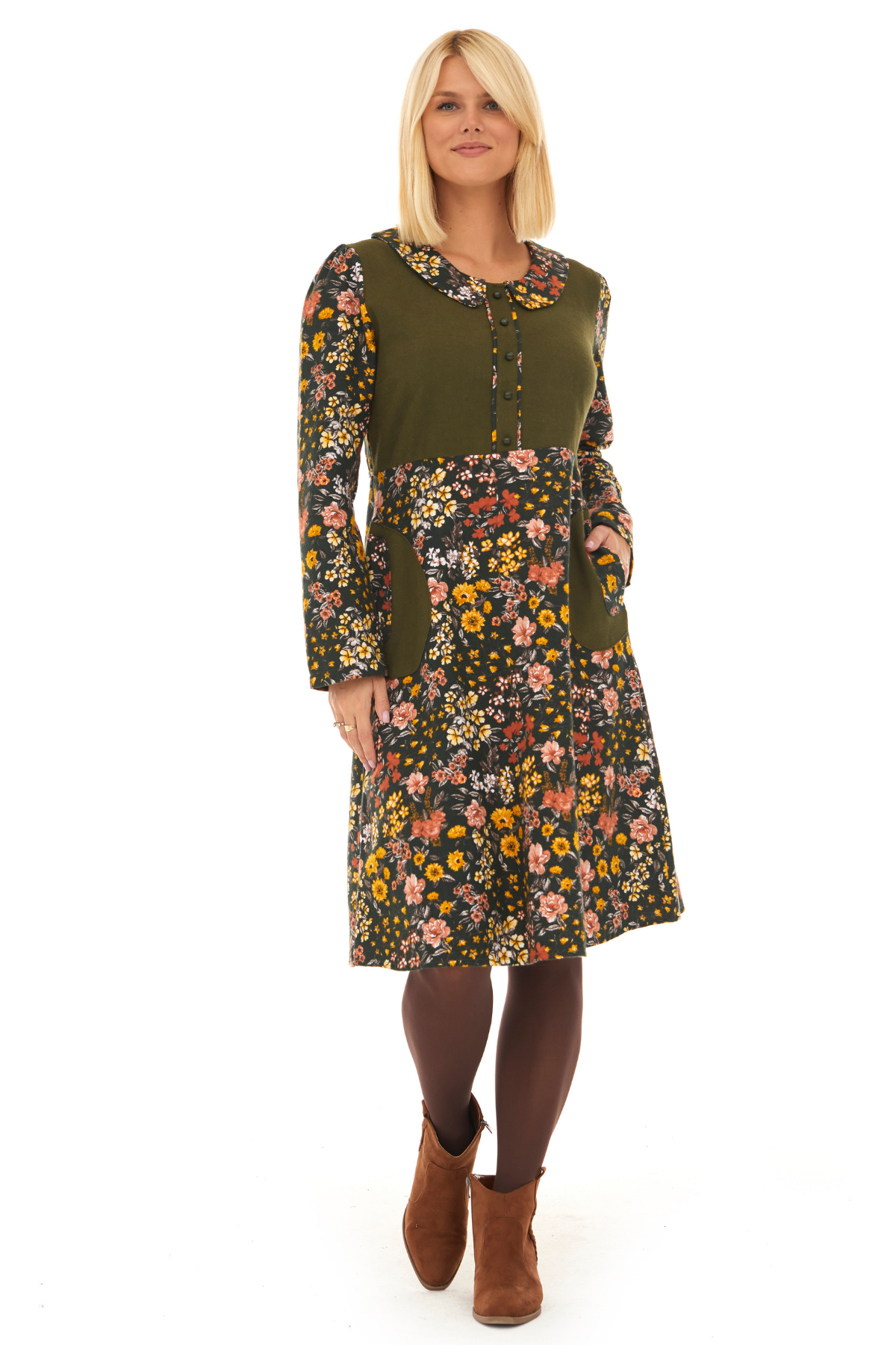 Pazen Yeşil Bahar Desen Çiçekli Midi Sonbahar Kış Elbise