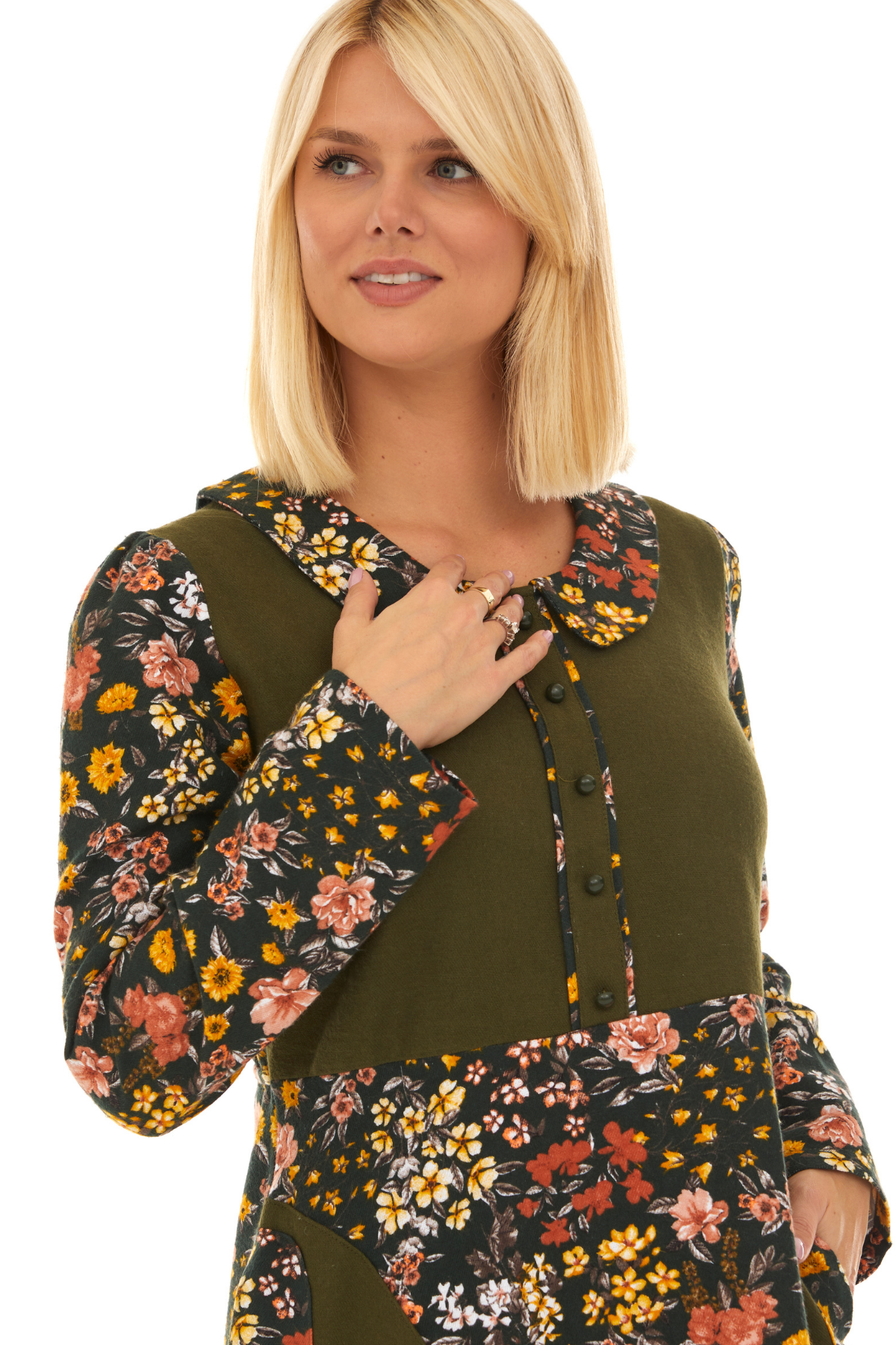 Pazen Yeşil Bahar Desen Çiçekli Midi Sonbahar Kış Elbise