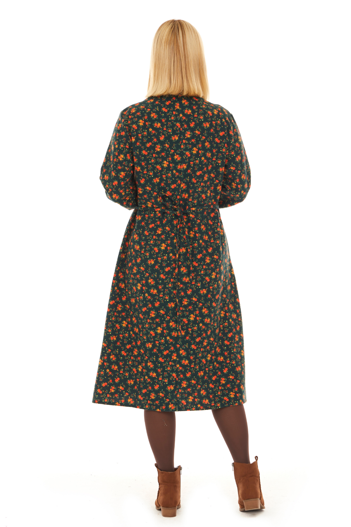 Pazen Yeşil Çiçek Detay Midi Sonbahar Kış Elbise