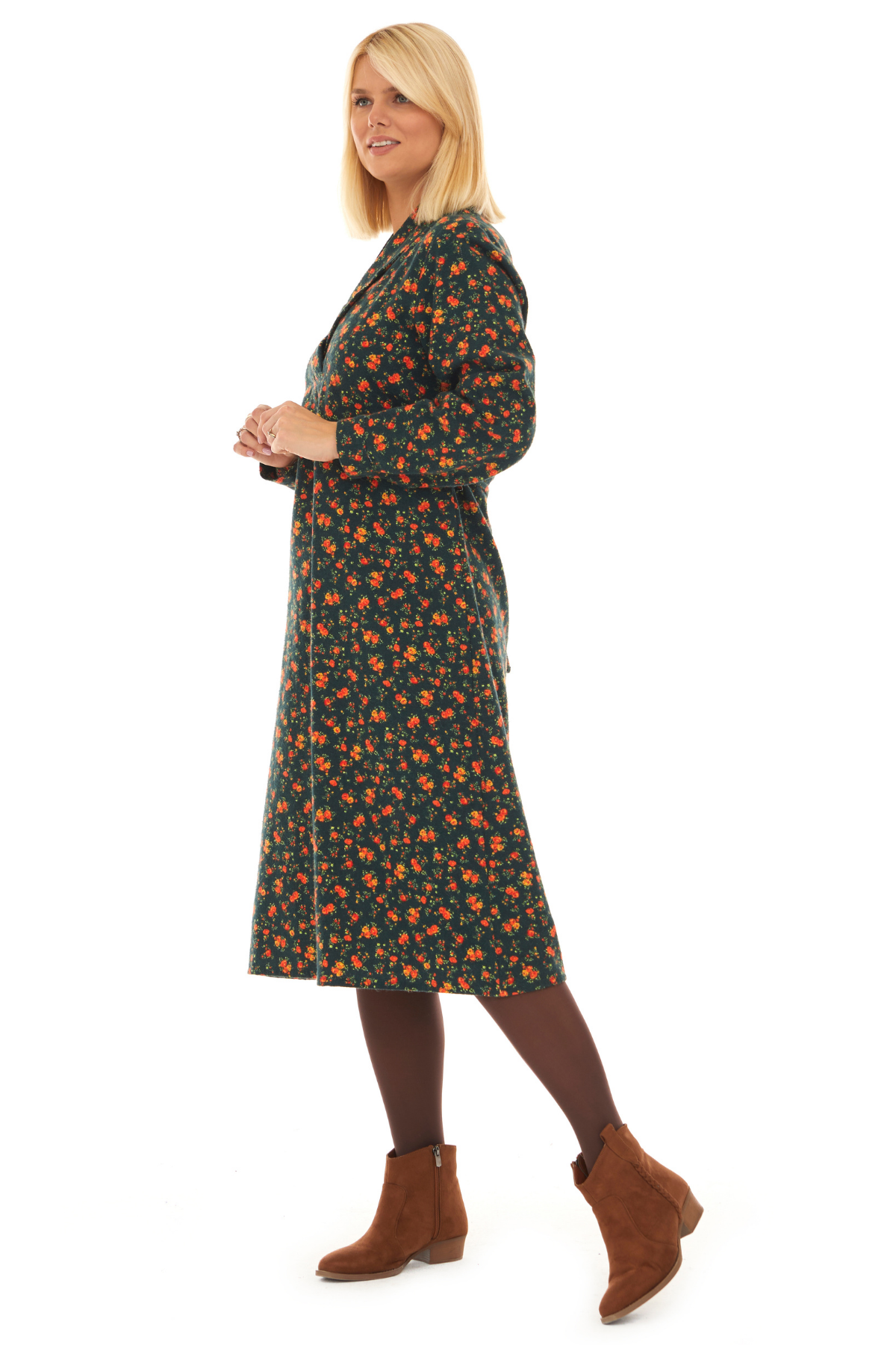 Pazen Yeşil Çiçek Detay Midi Sonbahar Kış Elbise