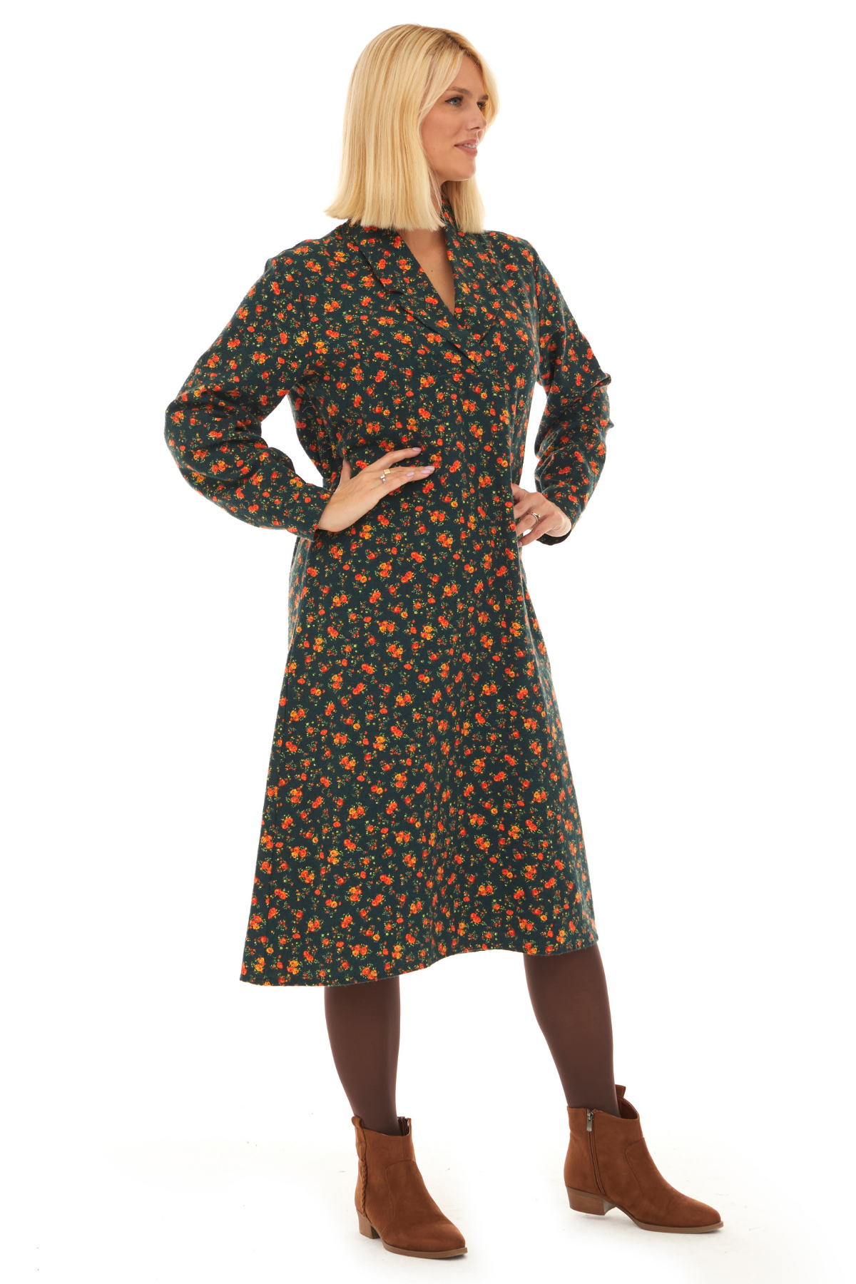 Pazen Yeşil Çiçek Detay Midi Sonbahar Kış Elbise