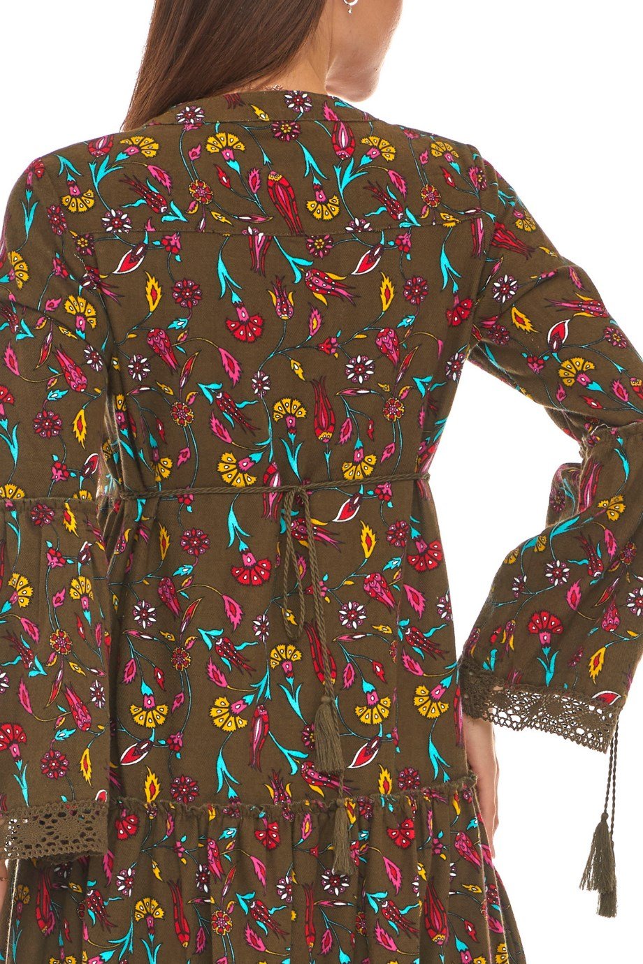 Pazen Yeşil Dantelli Çini Desen Uzun Elbise