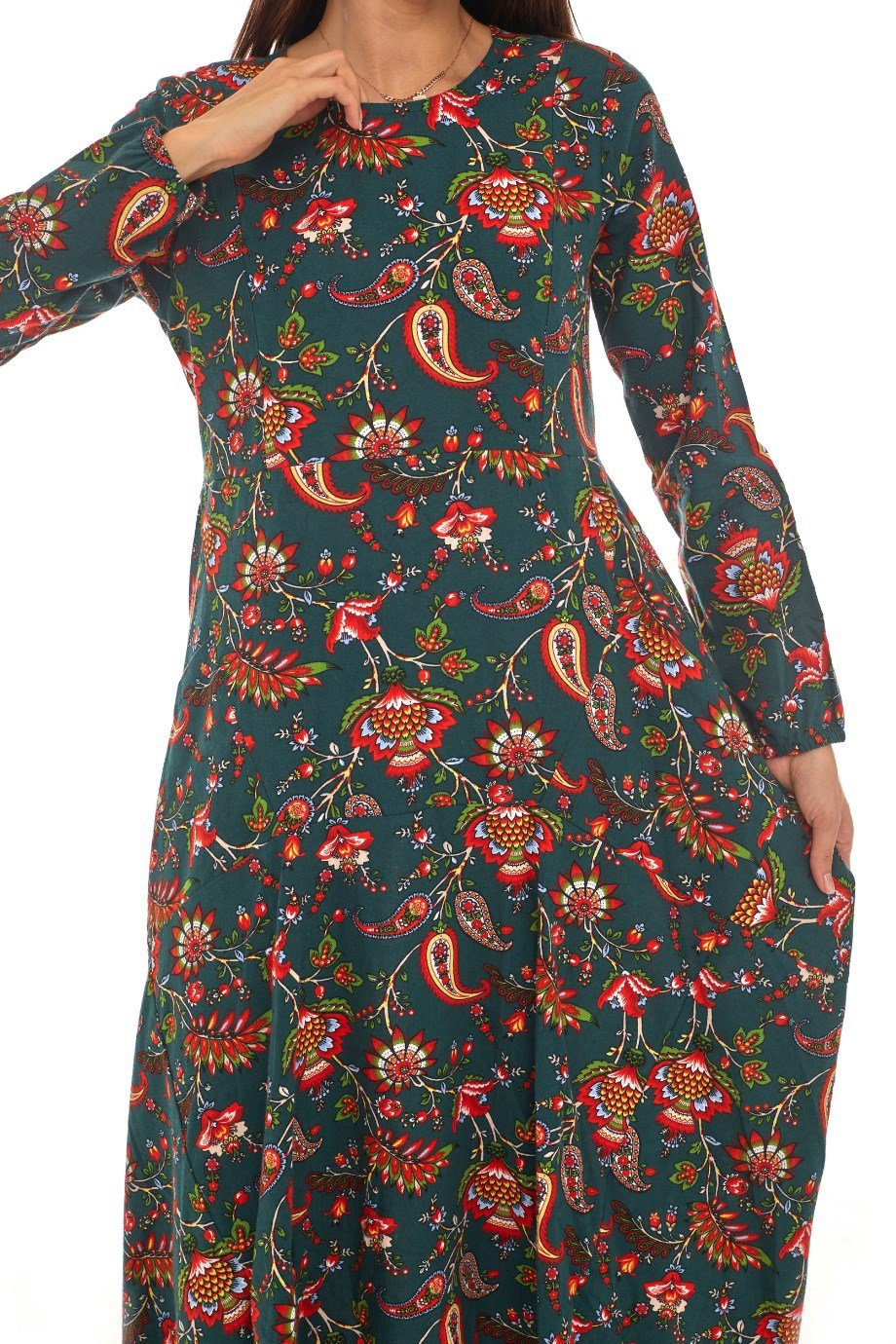 Pazen Yeşil Desenli Uzun Elbise