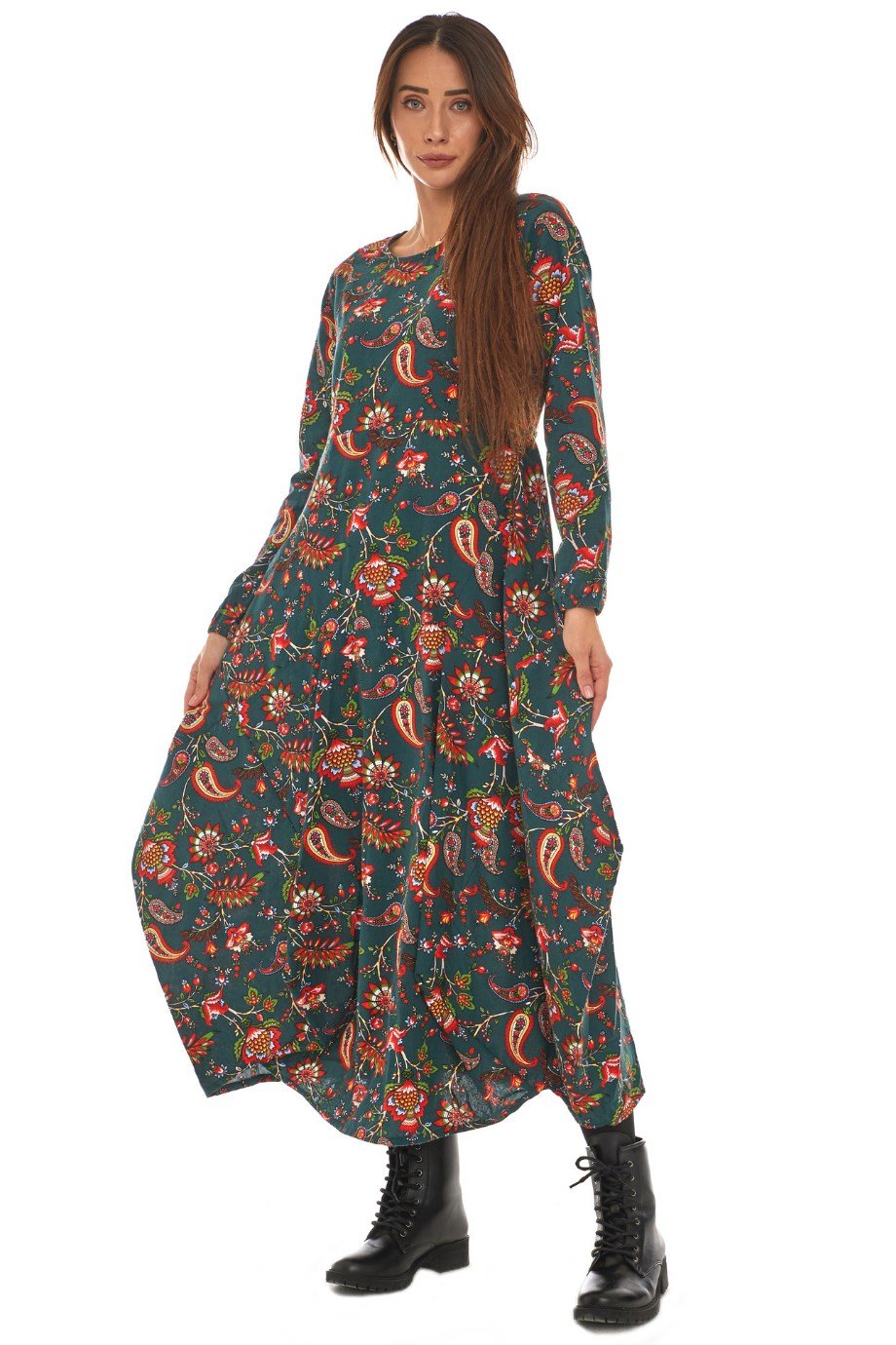 Pazen Yeşil Desenli Uzun Elbise