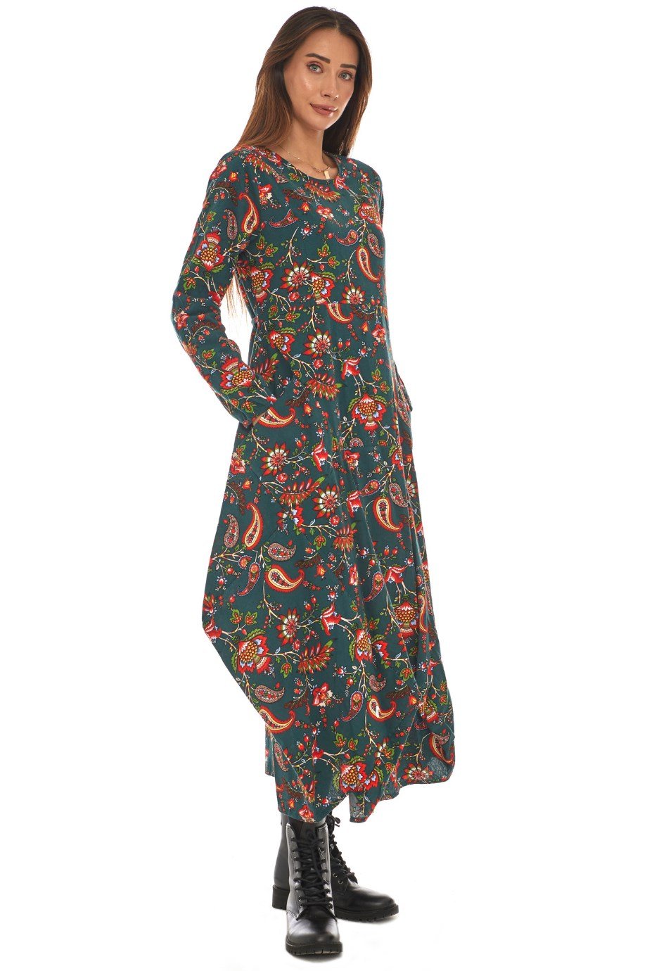 Pazen Yeşil Desenli Uzun Elbise