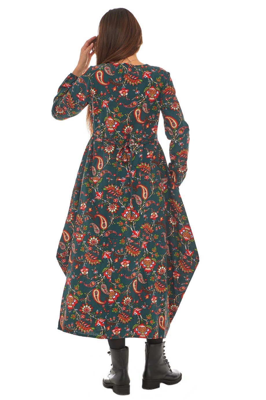 Pazen Yeşil Desenli Uzun Elbise