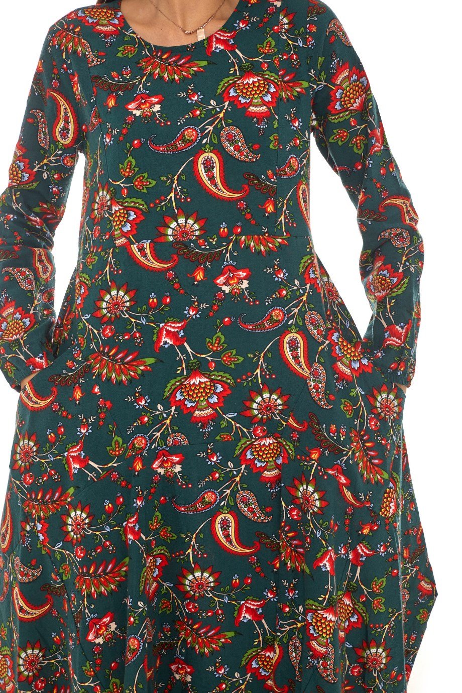 Pazen Yeşil Desenli Uzun Elbise