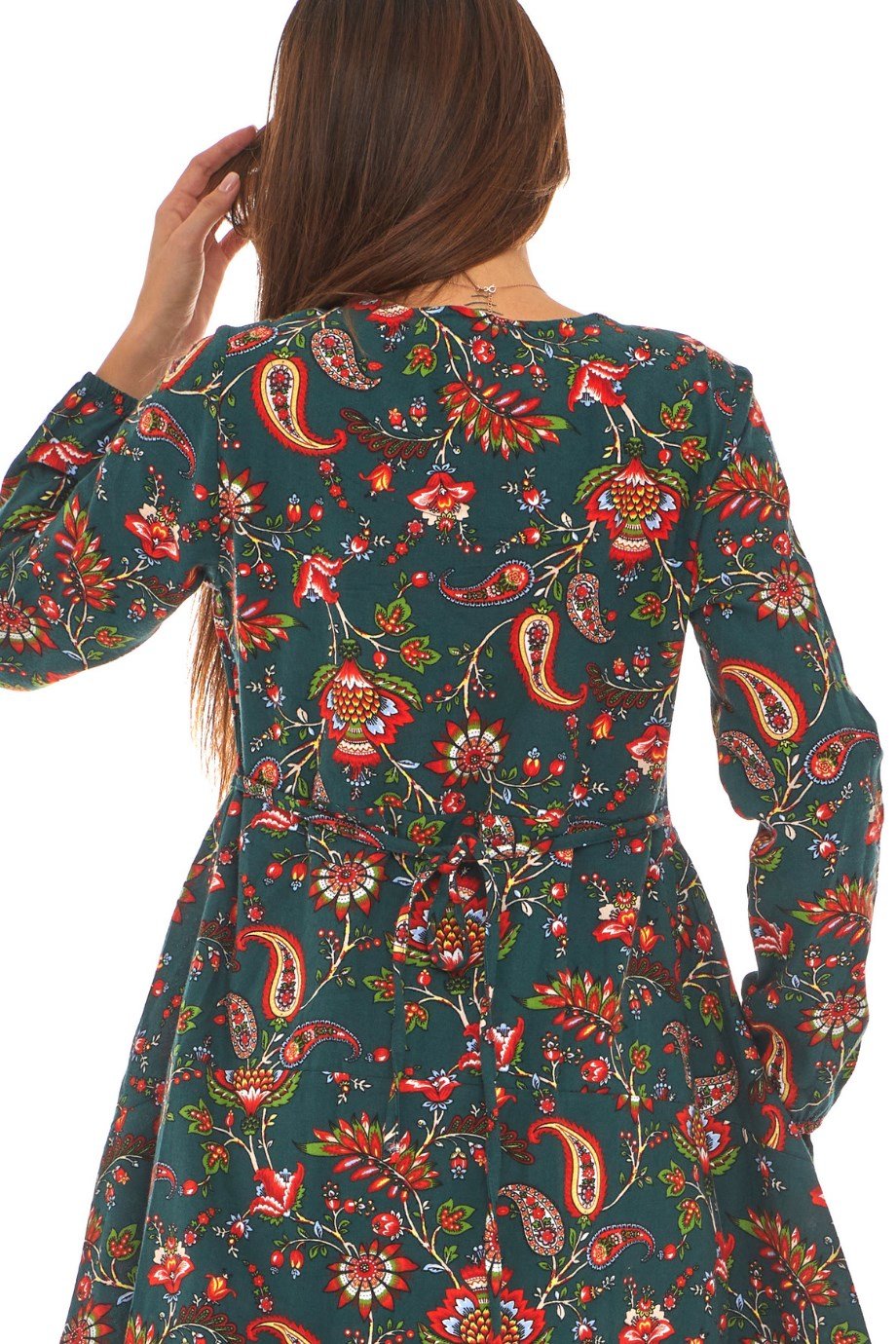 Pazen Yeşil Desenli Uzun Elbise