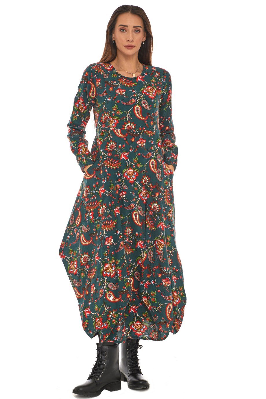 Pazen Yeşil Desenli Uzun Elbise