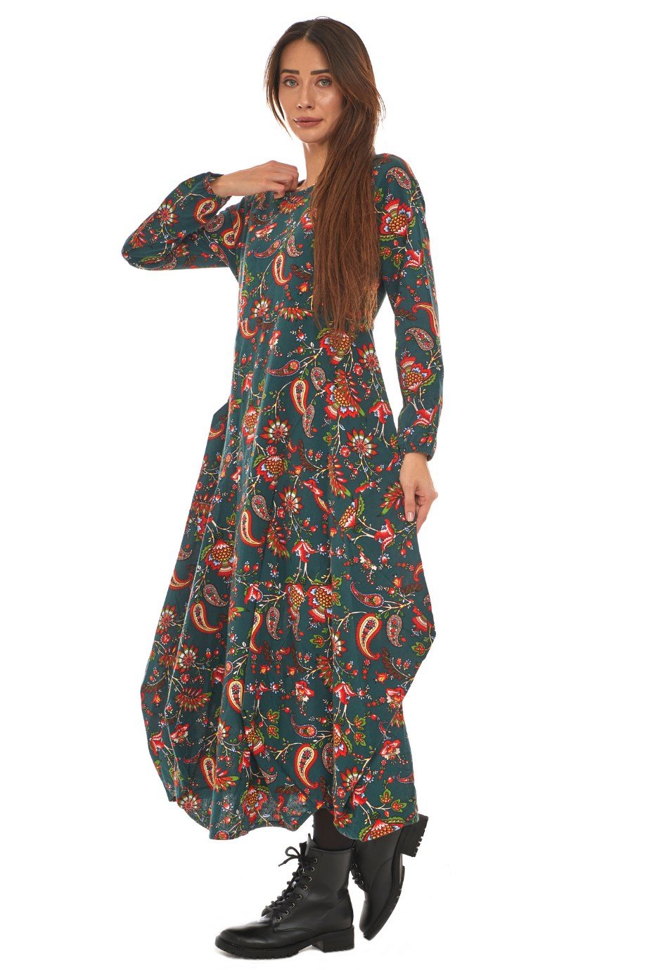 Pazen Yeşil Desenli Uzun Elbise