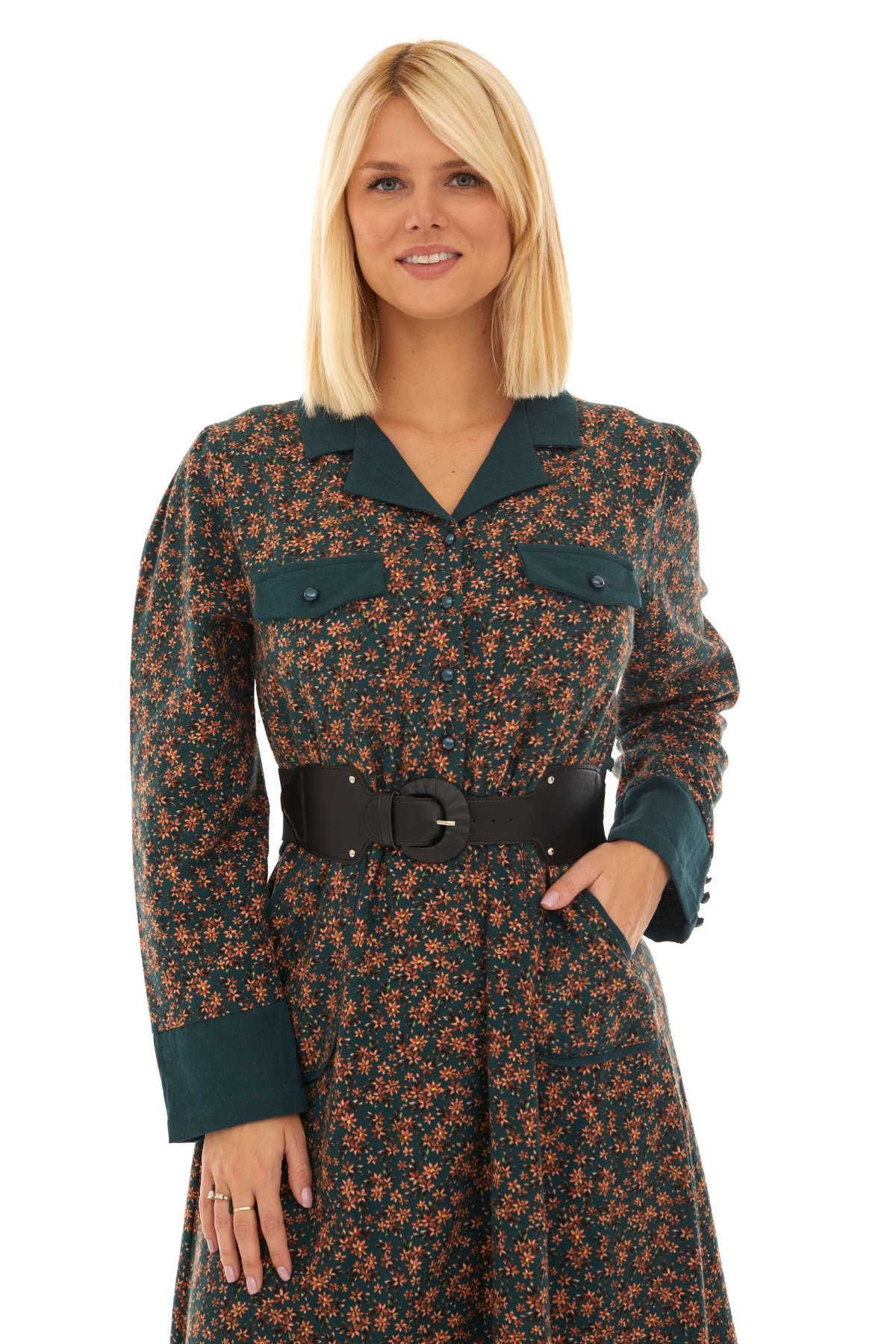 Pazen Yeşil Kemerli  Sonbahar Kış Elbise