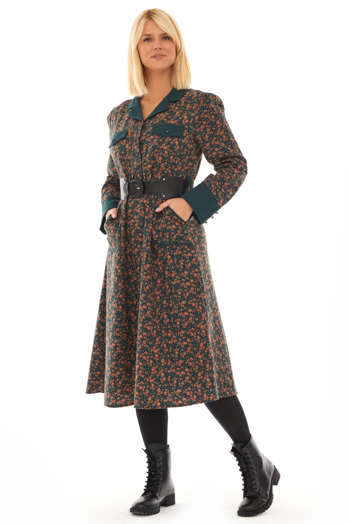 Pazen Yeşil Kemerli  Sonbahar Kış Elbise