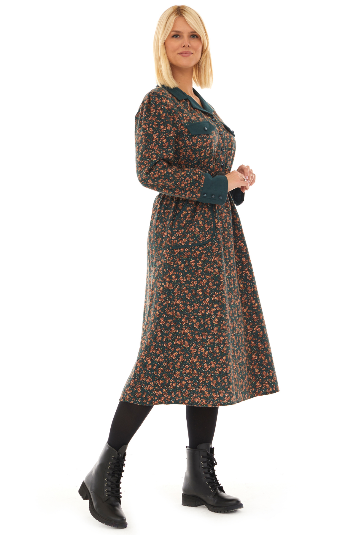 Pazen Yeşil Kemerli  Sonbahar Kış Elbise