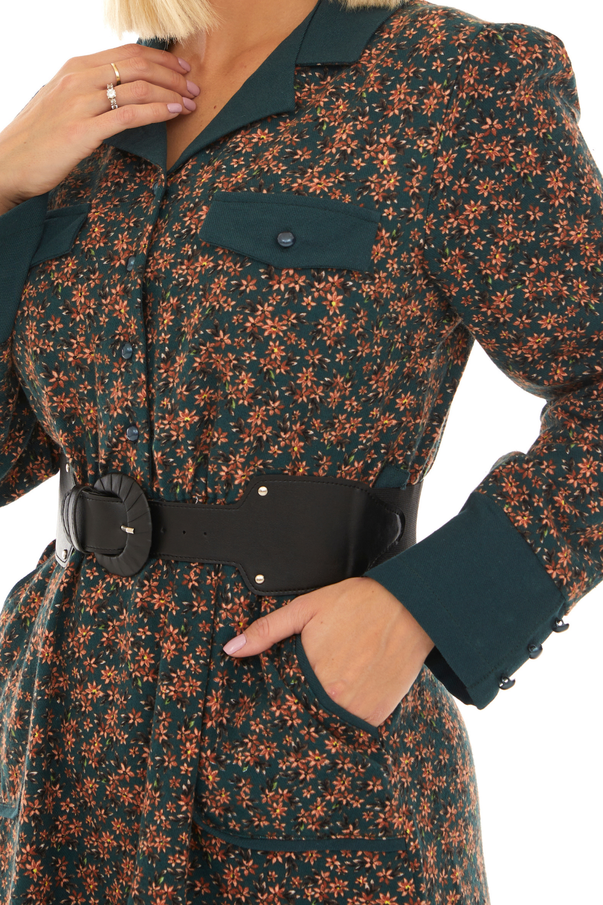 Pazen Yeşil Kemerli  Sonbahar Kış Elbise