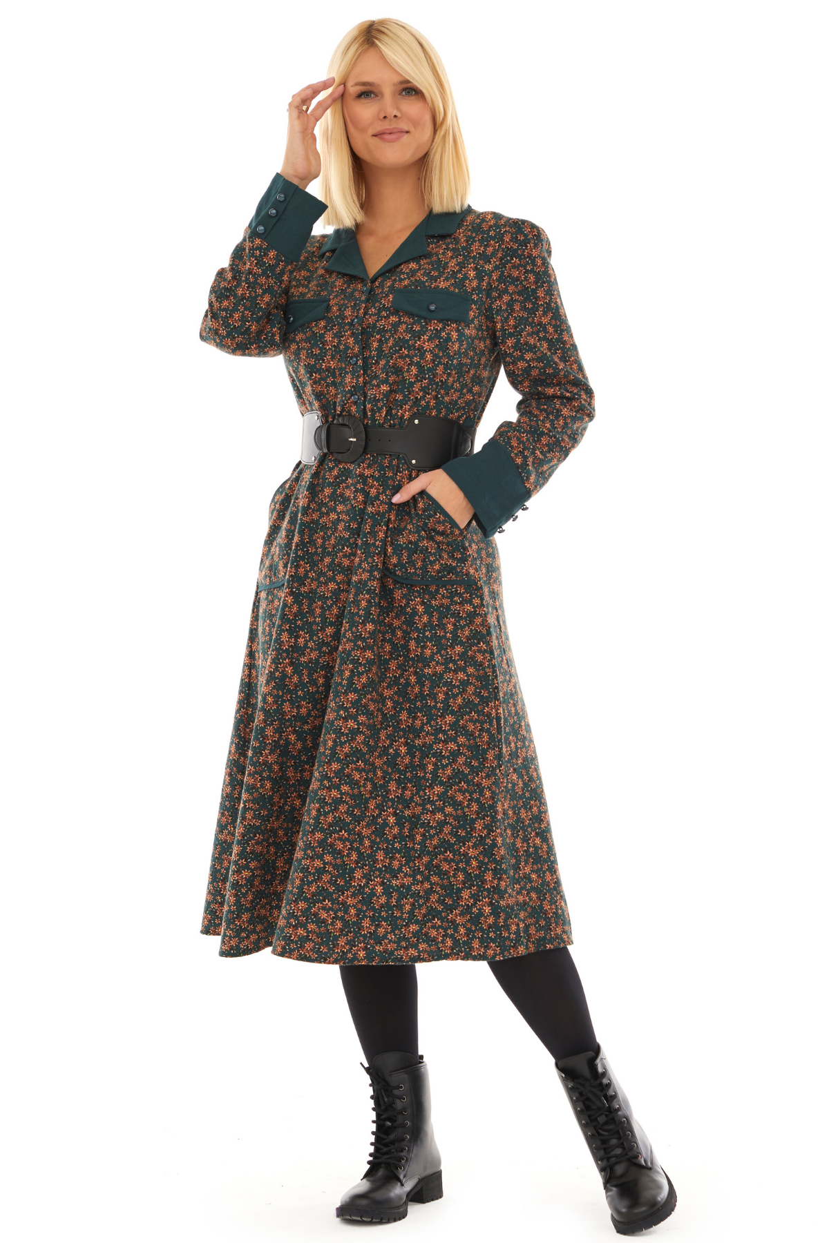 Pazen Yeşil Kemerli  Sonbahar Kış Elbise