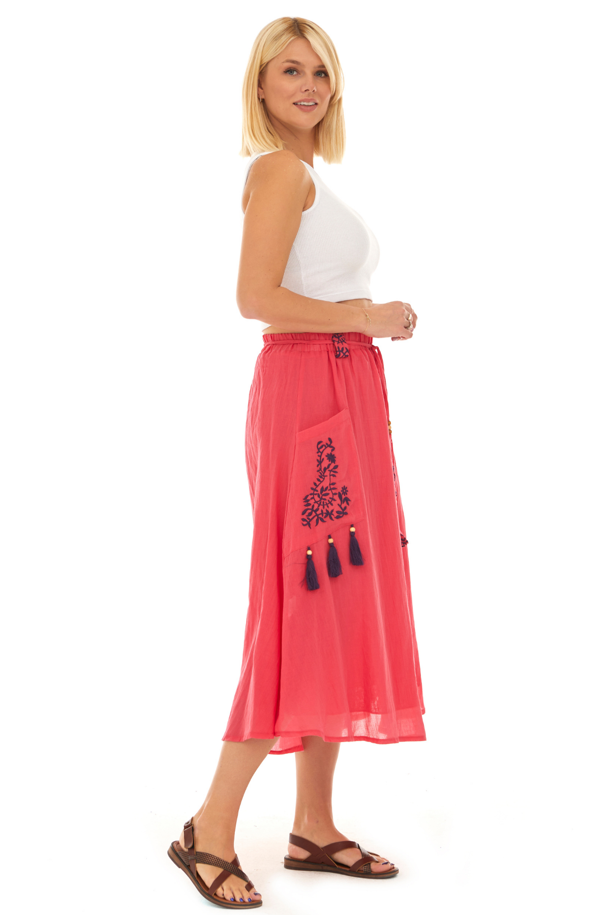 Pembe Vual Midi Boy Yazlık Etek