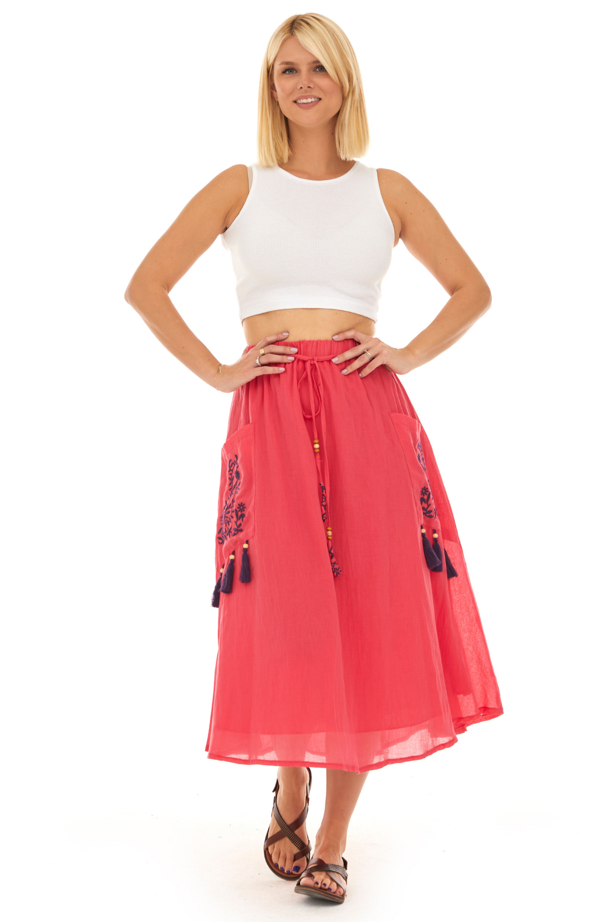 Pembe Vual Midi Boy Yazlık Etek