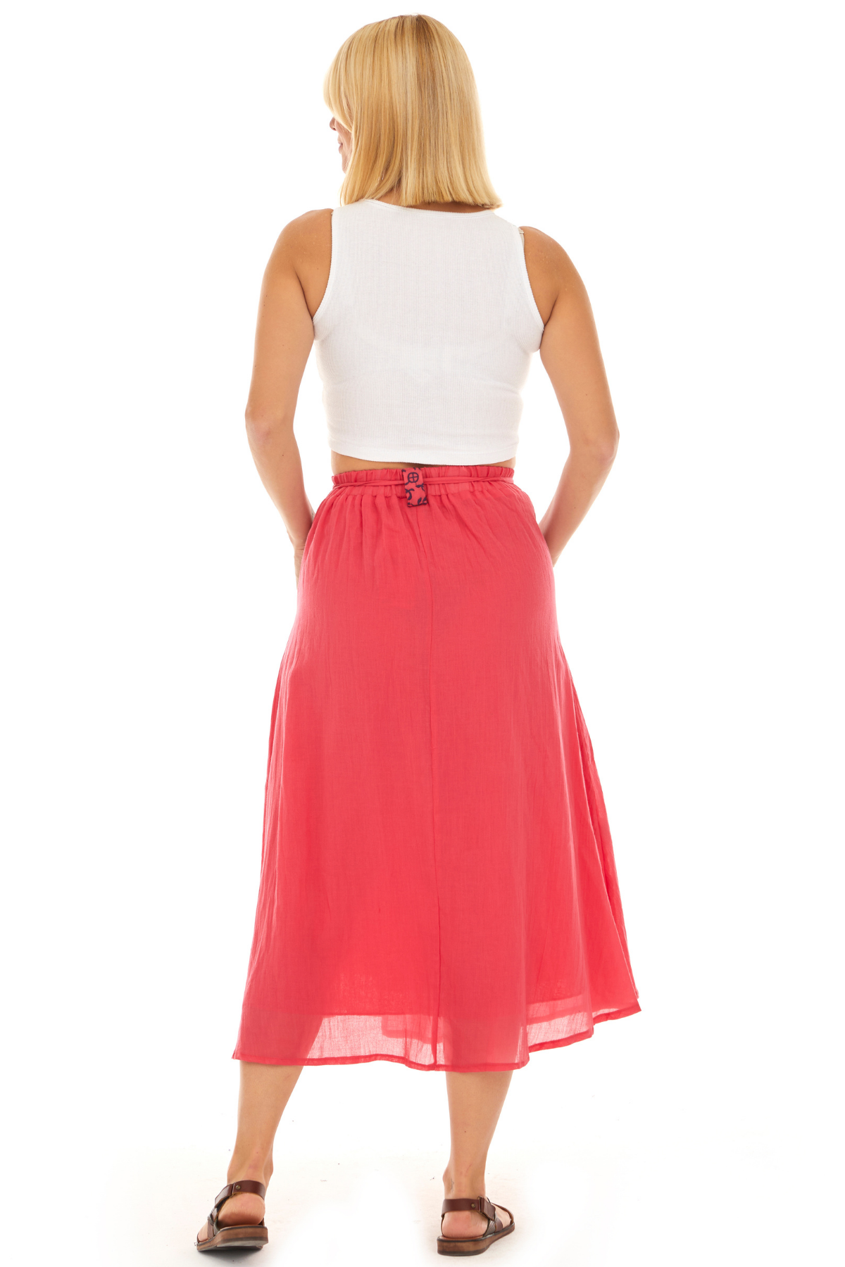 Pembe Vual Midi Boy Yazlık Etek