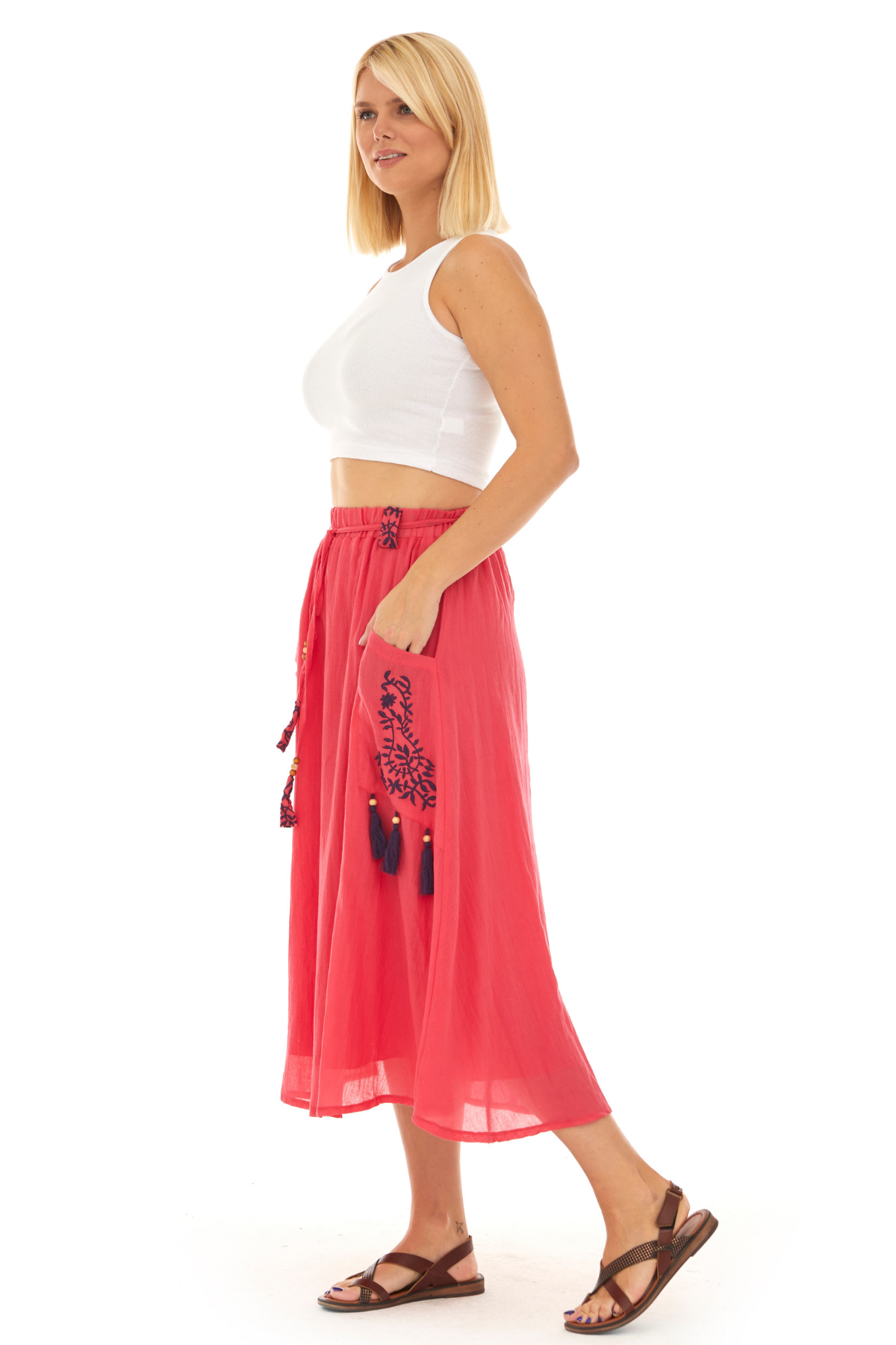 Pembe Vual Midi Boy Yazlık Etek