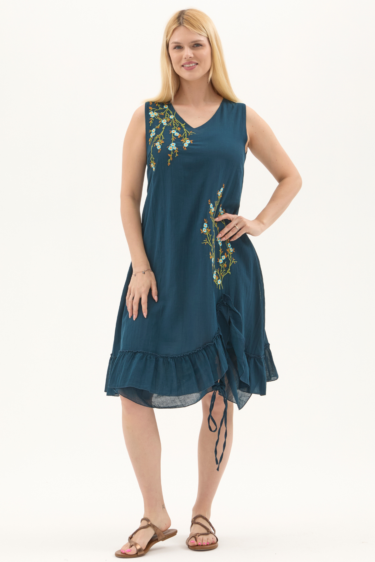 Petrol Kolsuz Vual Yırtmaçlı Midi Boy Yazlık Elbise