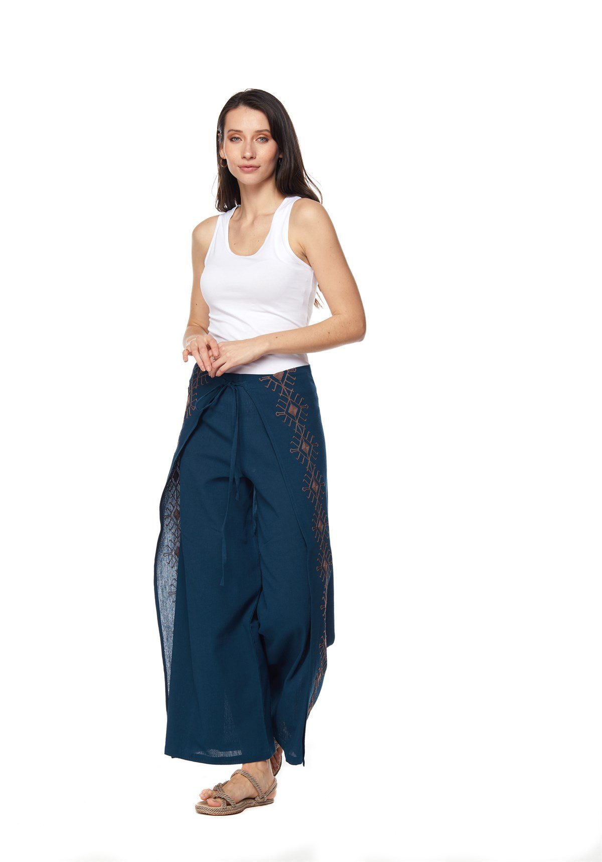 Petrol Nakışlı  Otantik Pantolon