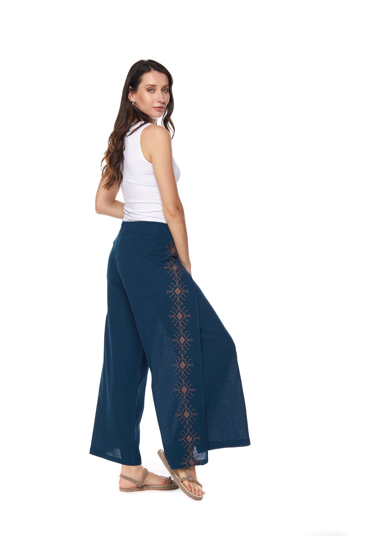 Petrol Nakışlı  Otantik Pantolon